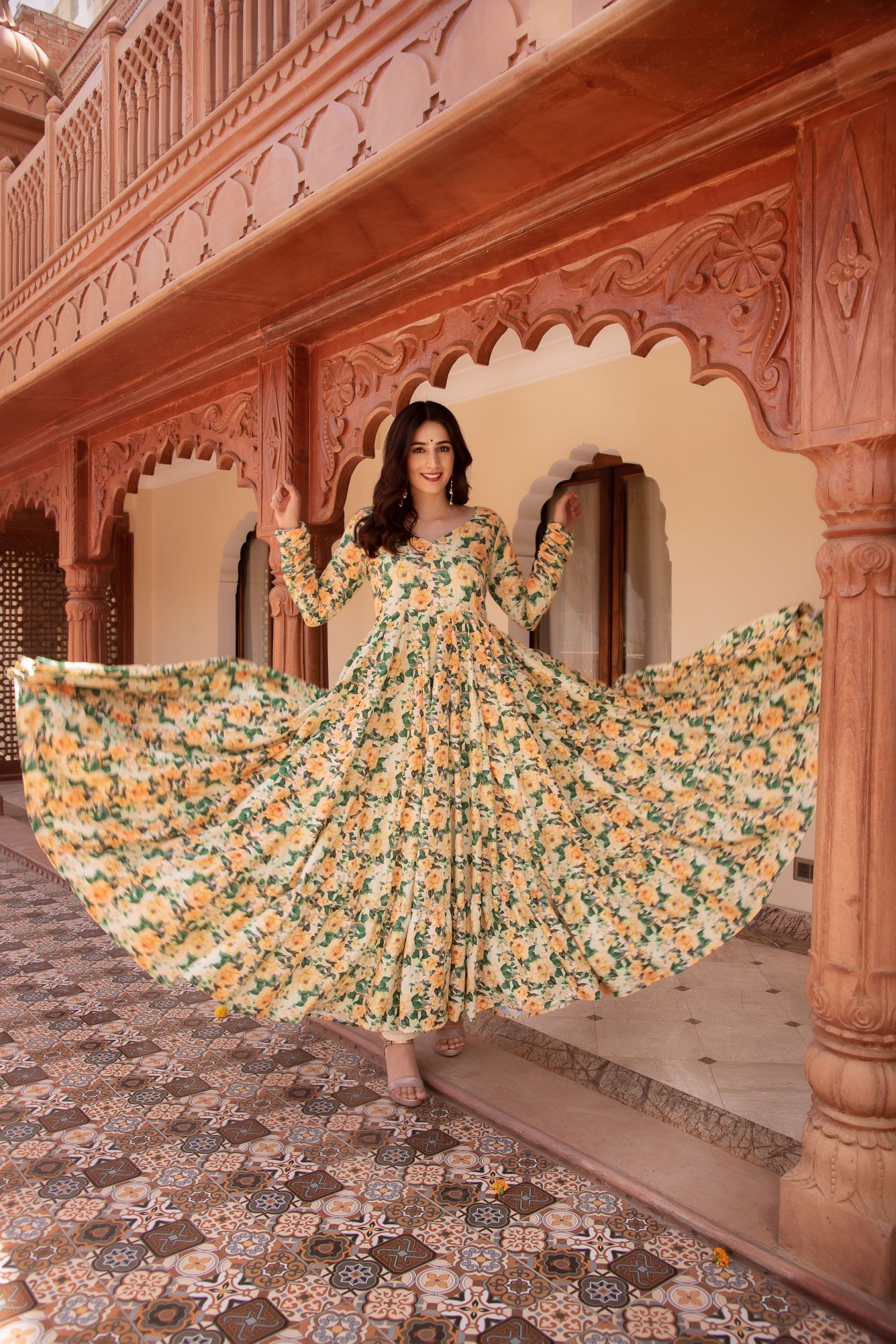 Yellow and Green Rayon Embroided Anarkali Suit Set