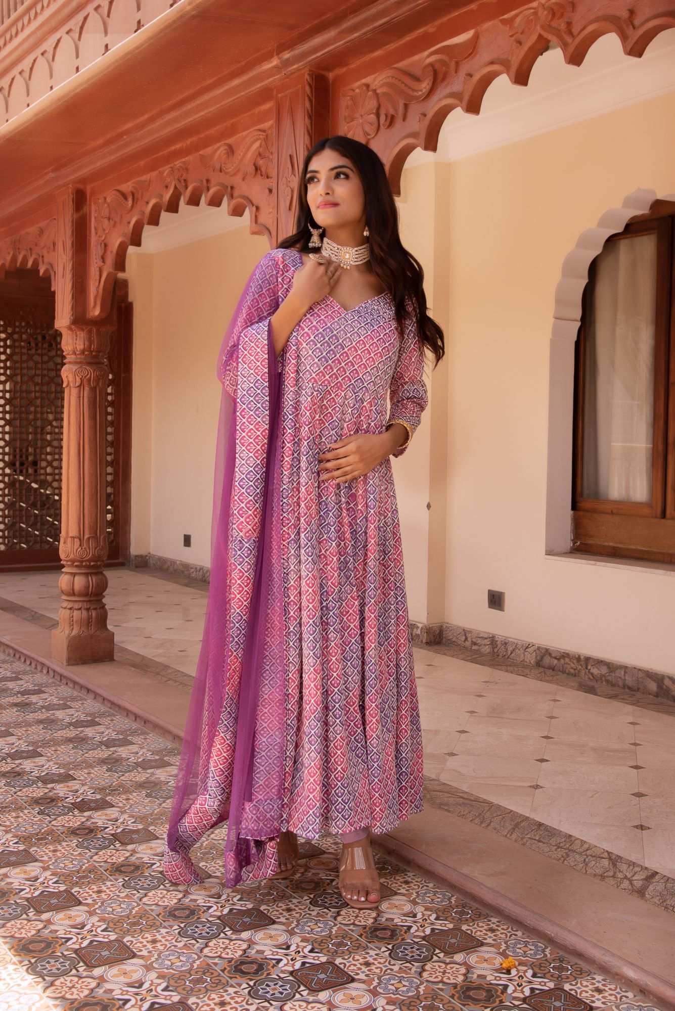 Lilac Embroided Anarkali Suit Set