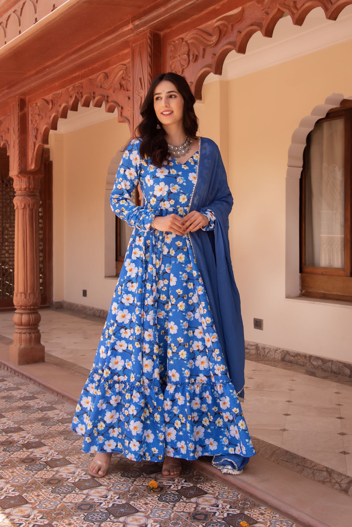 Happy Blue Rayon Embroided Anarkali Suit Set