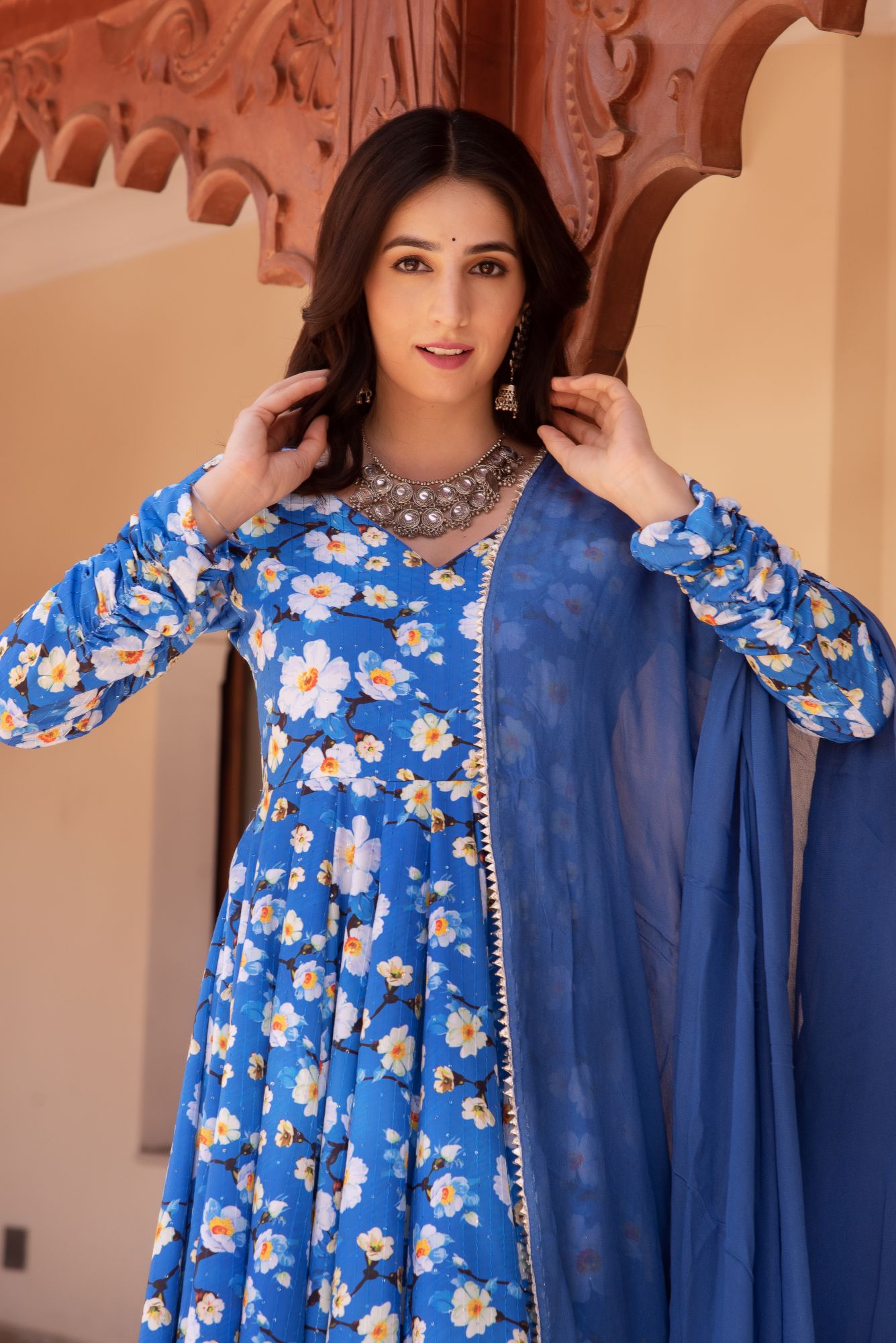 Happy Blue Rayon Embroided Anarkali Suit Set