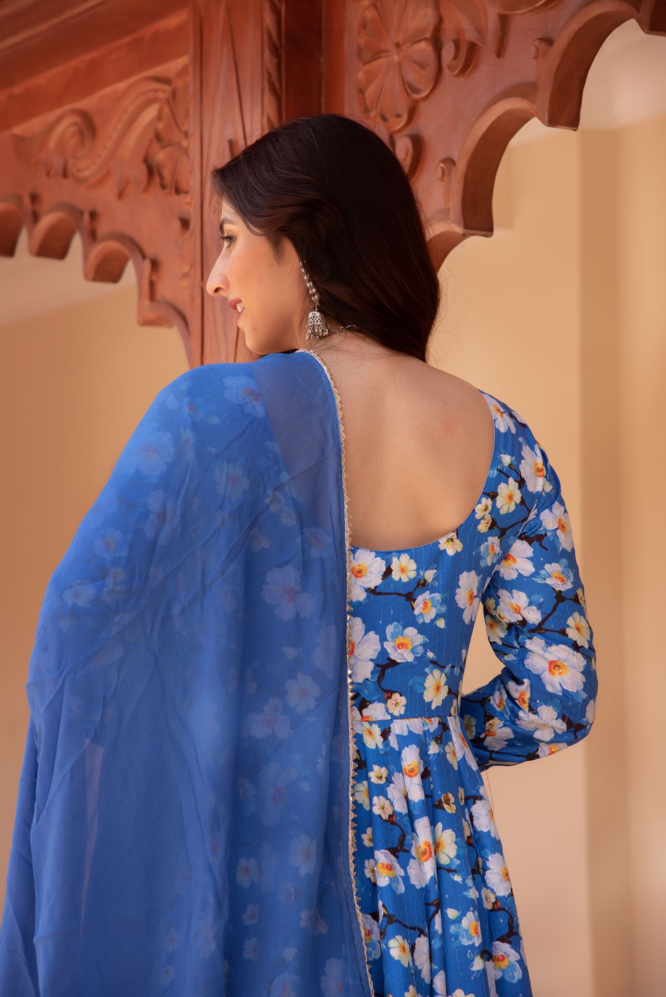 Happy Blue Rayon Embroided Anarkali Suit Set