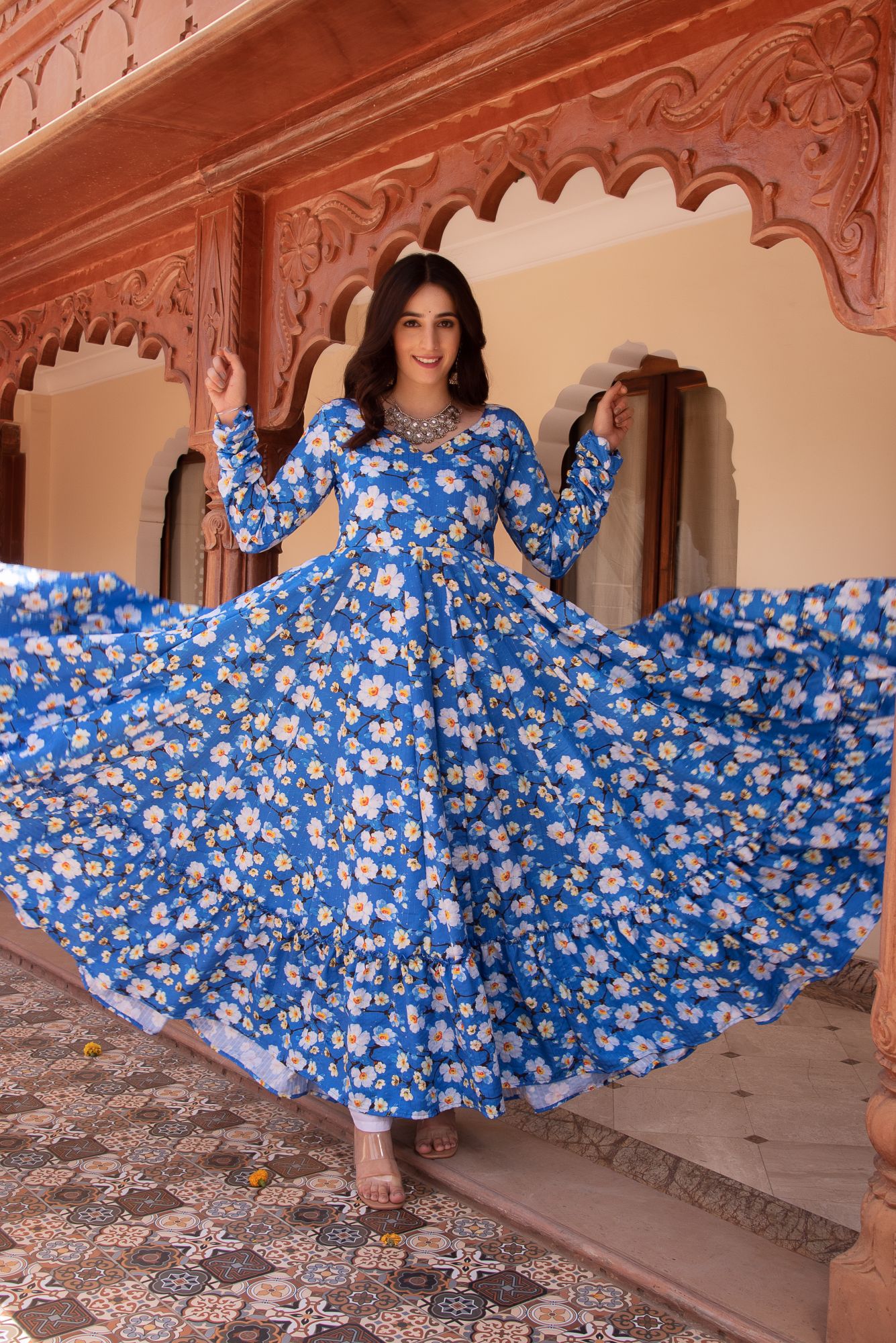 Happy Blue Rayon Embroided Anarkali Suit Set