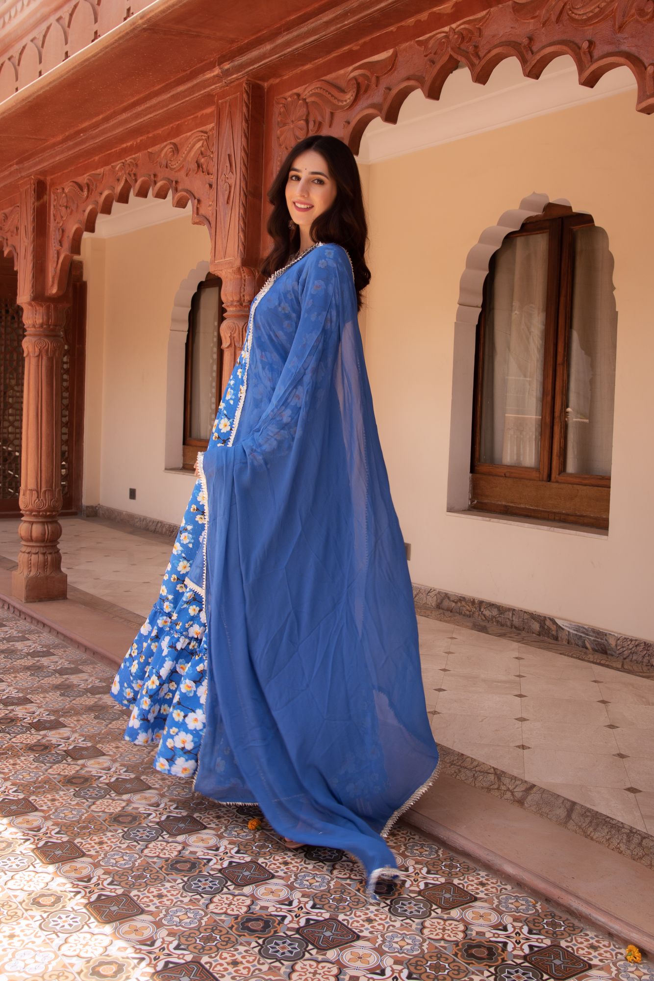 Happy Blue Rayon Embroided Anarkali Suit Set