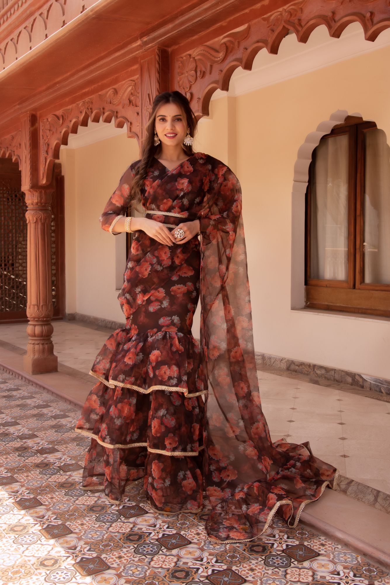 Mountain Brown Ready To Wear Organza Printed Saree
