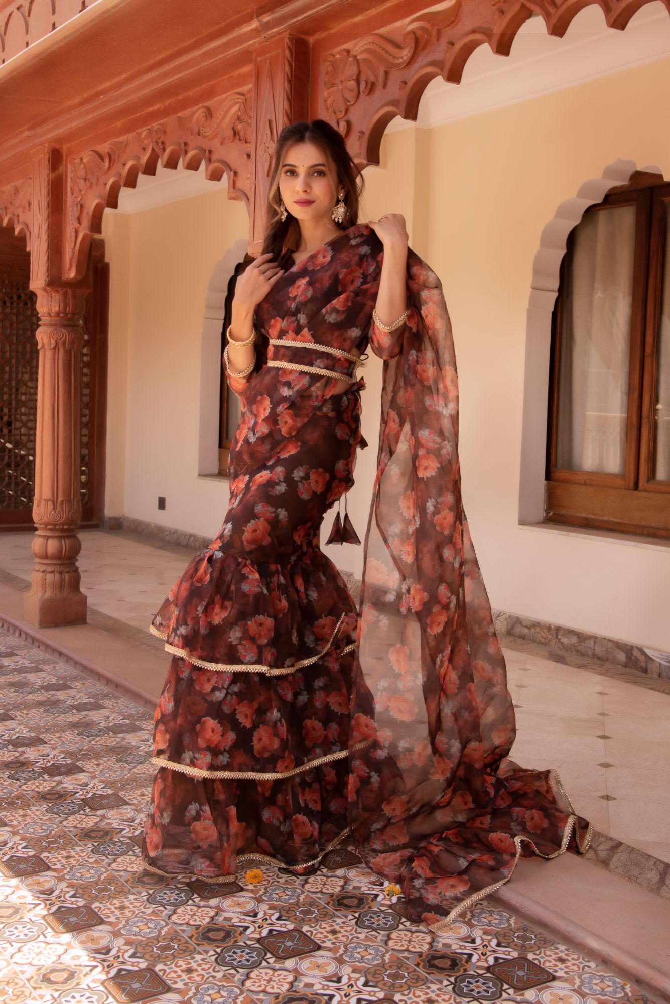 Mountain Brown Ready To Wear Organza Printed Saree