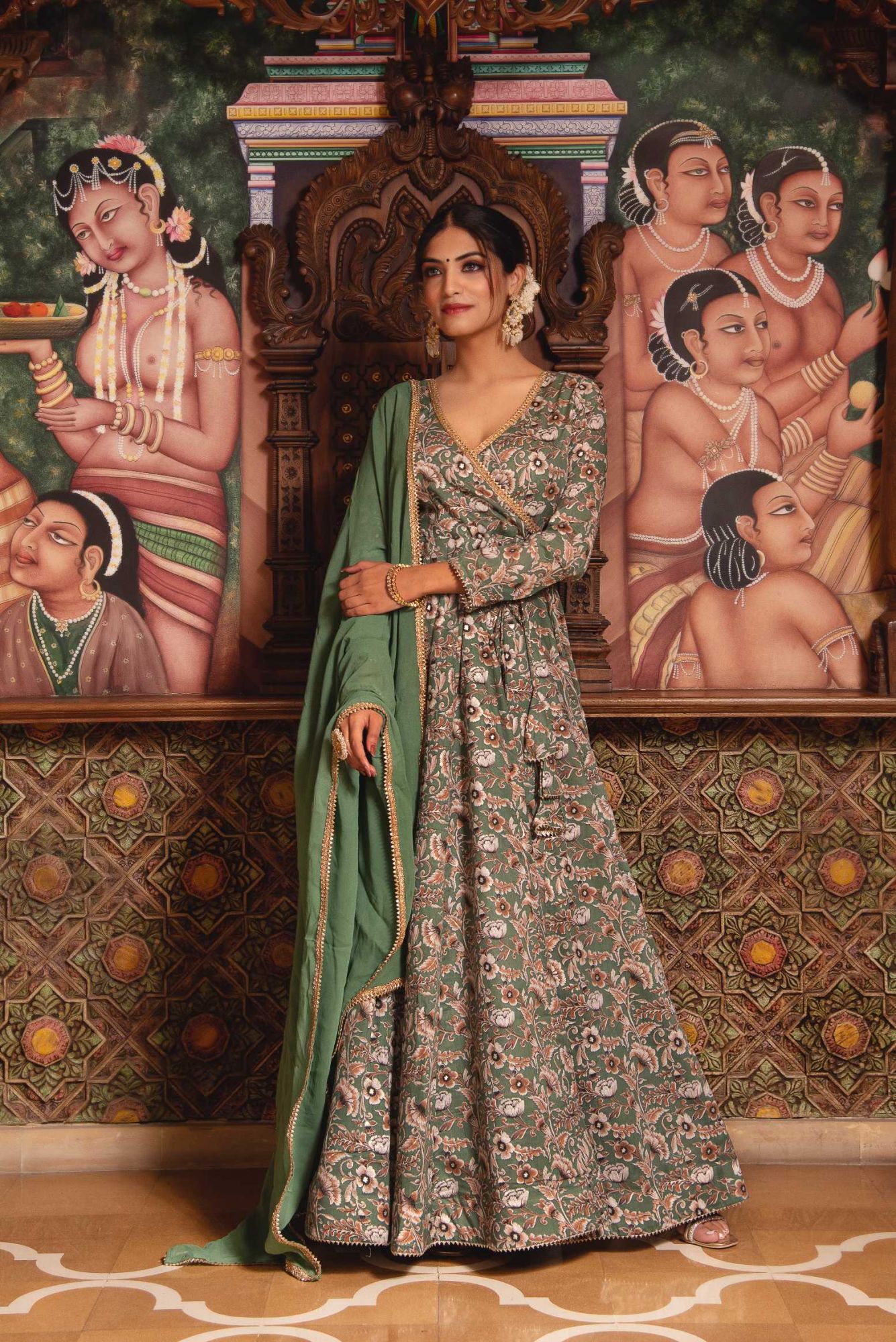 Ancient Green Mul Print Angrakha Suit Set