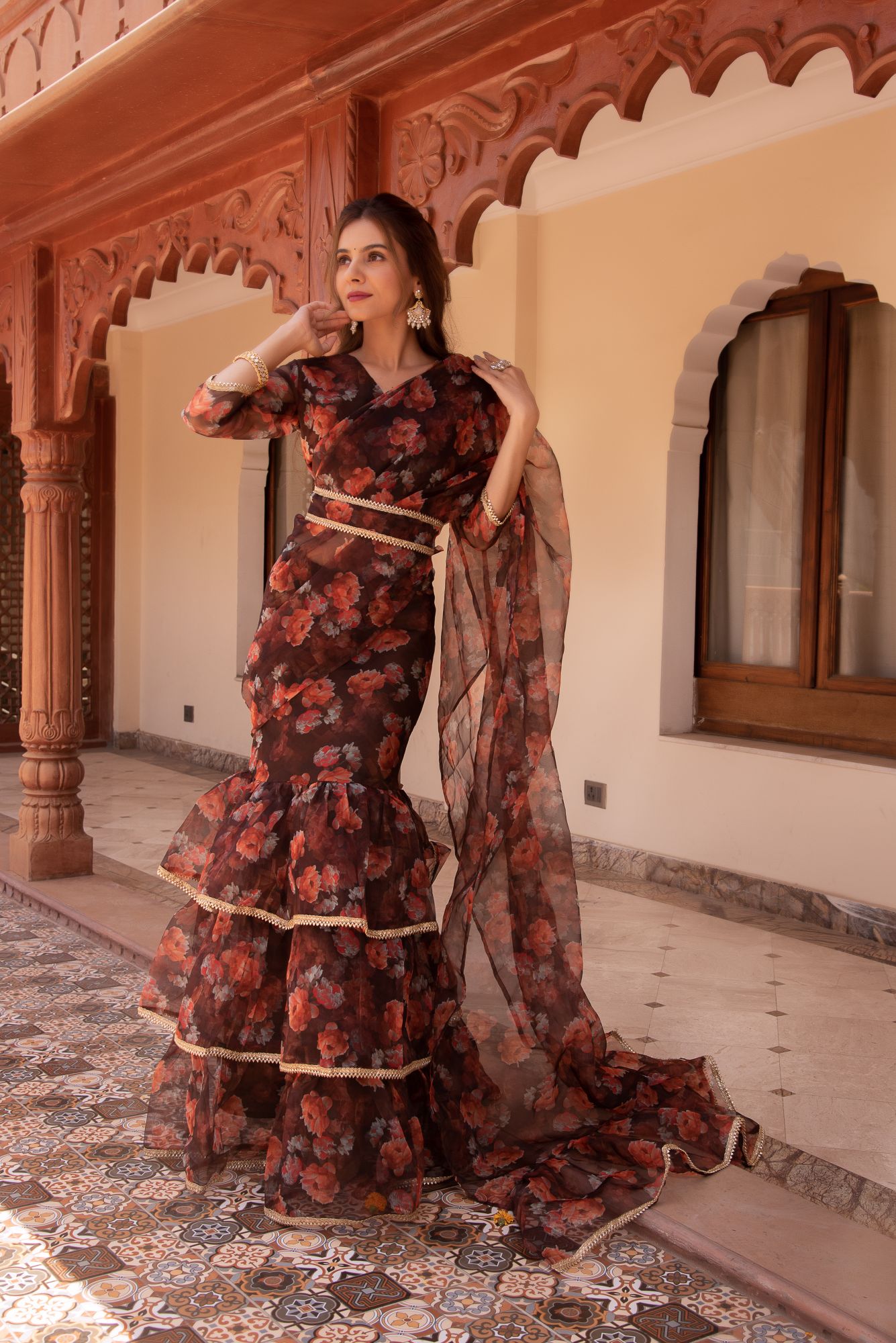 Mountain Brown Ready To Wear Organza Printed Saree