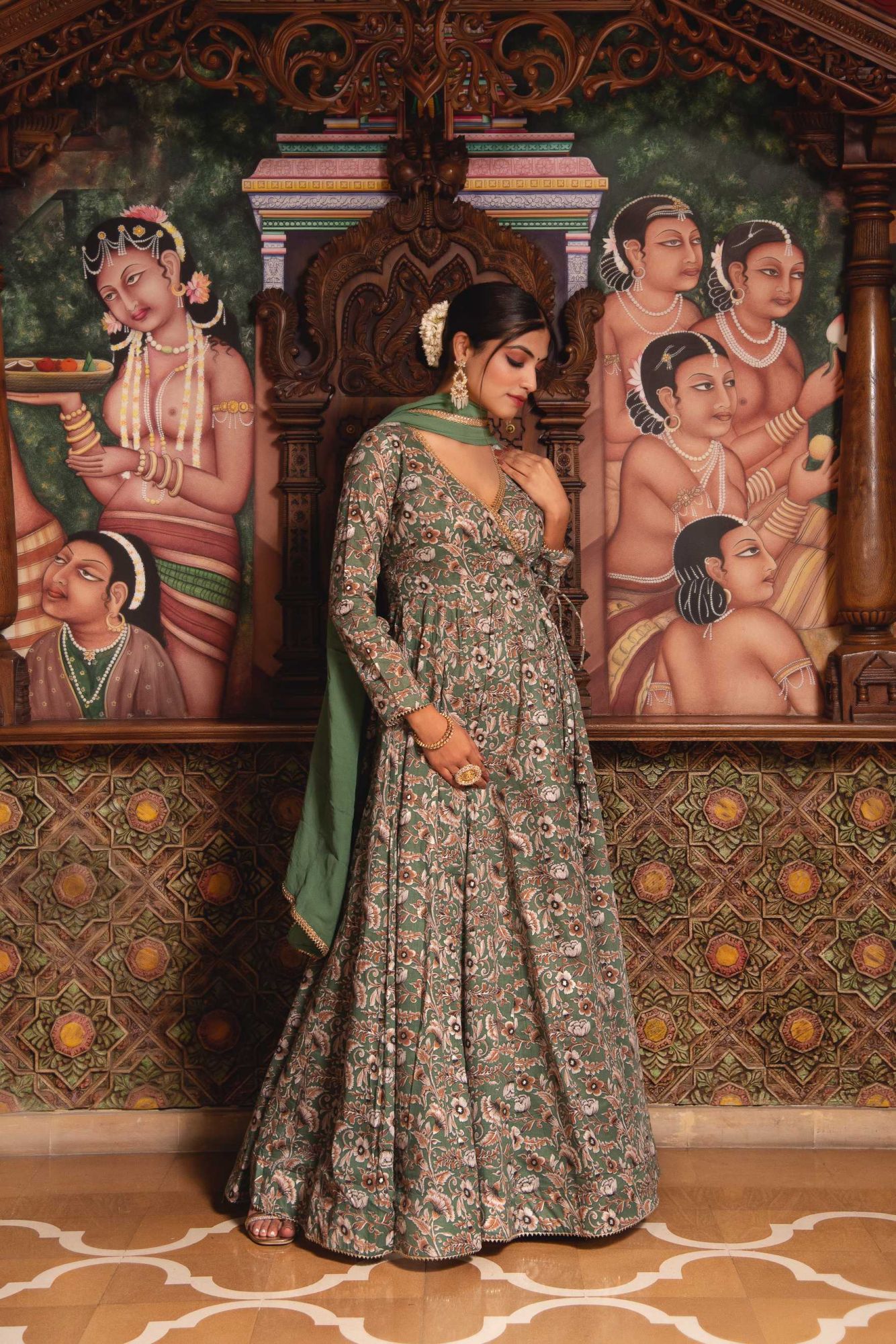 Ancient Green Mul Print Angrakha Suit Set