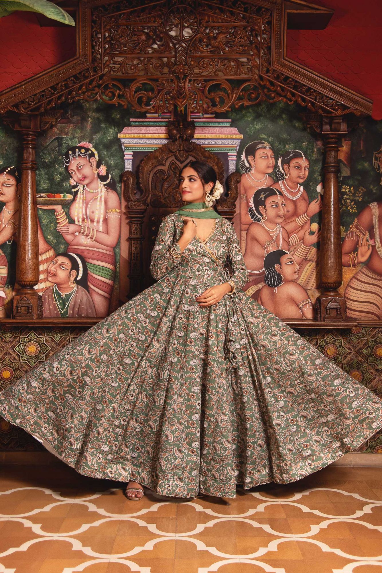 Ancient Green Mul Print Angrakha Suit Set