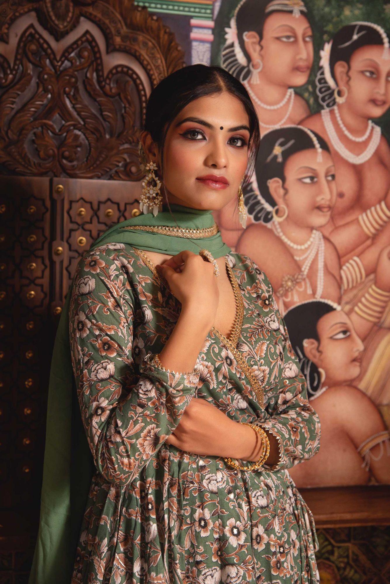 Ancient Green Mul Print Angrakha Suit Set