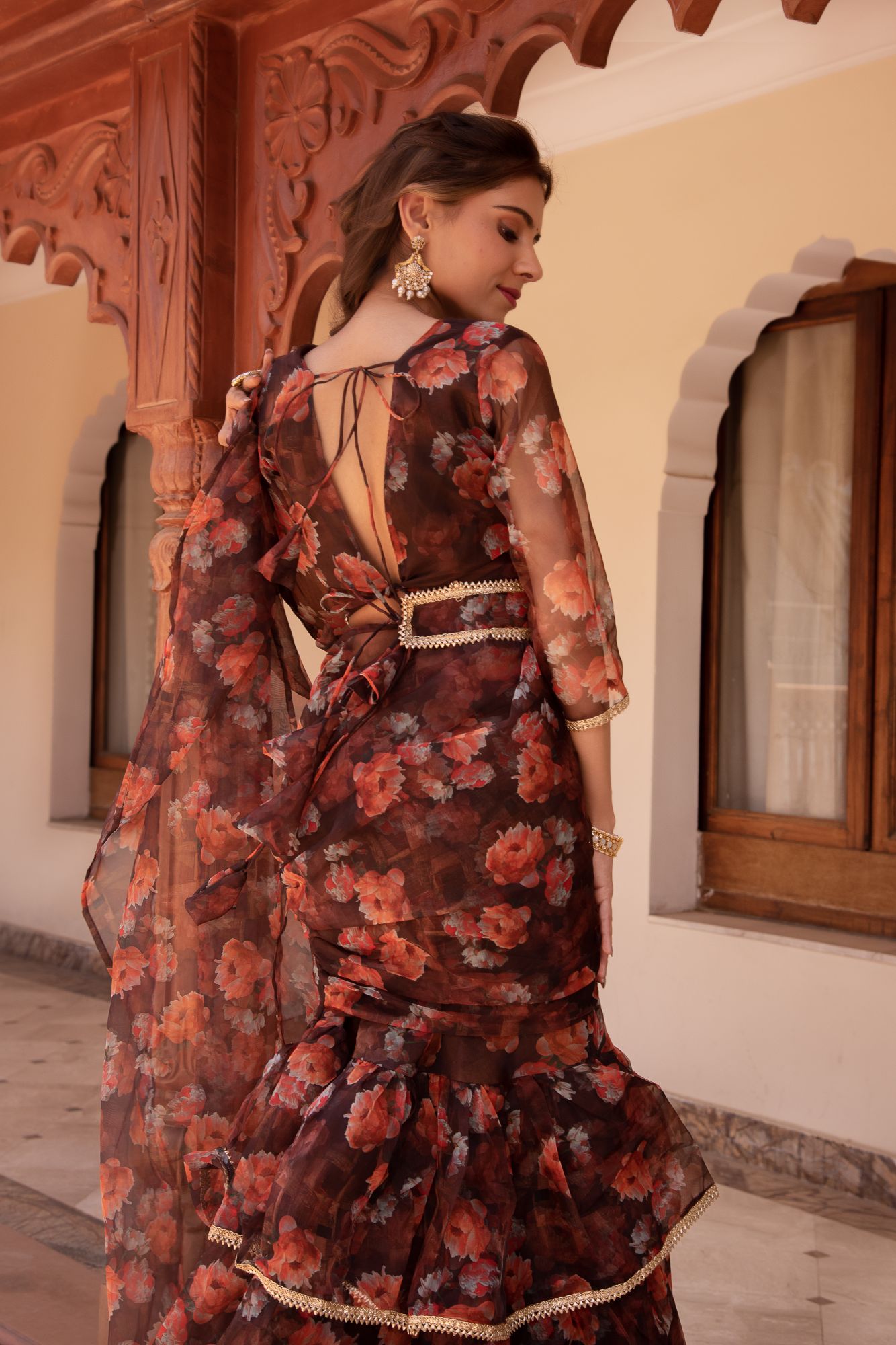 Mountain Brown Ready To Wear Organza Printed Saree