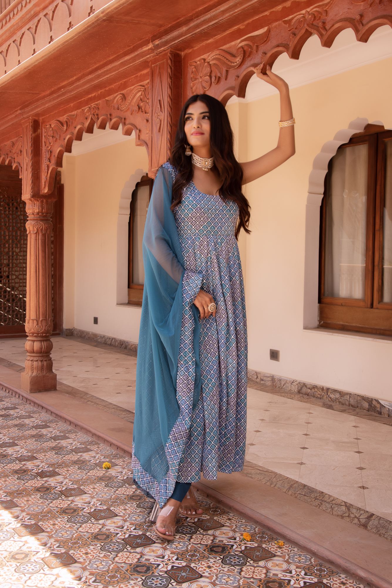 Blue and Grey Embroided Anarkali Suit Set