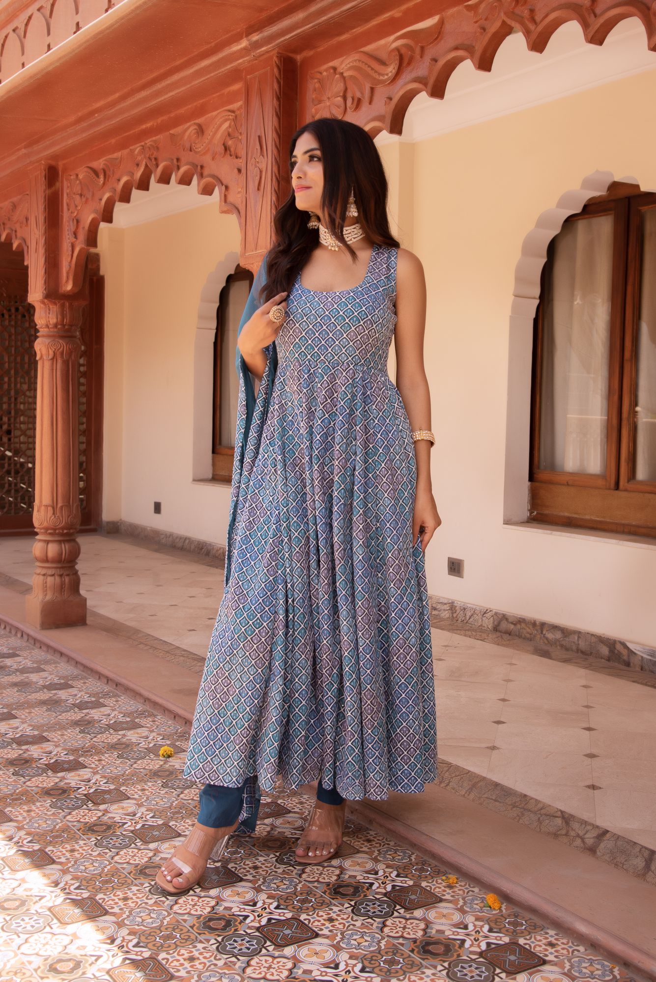 Blue and Grey Embroided Anarkali Suit Set