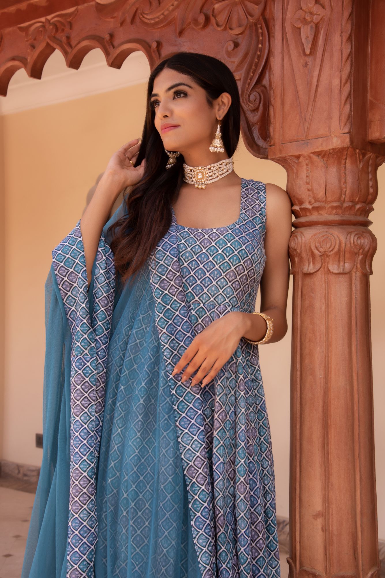 Blue and Grey Embroided Anarkali Suit Set