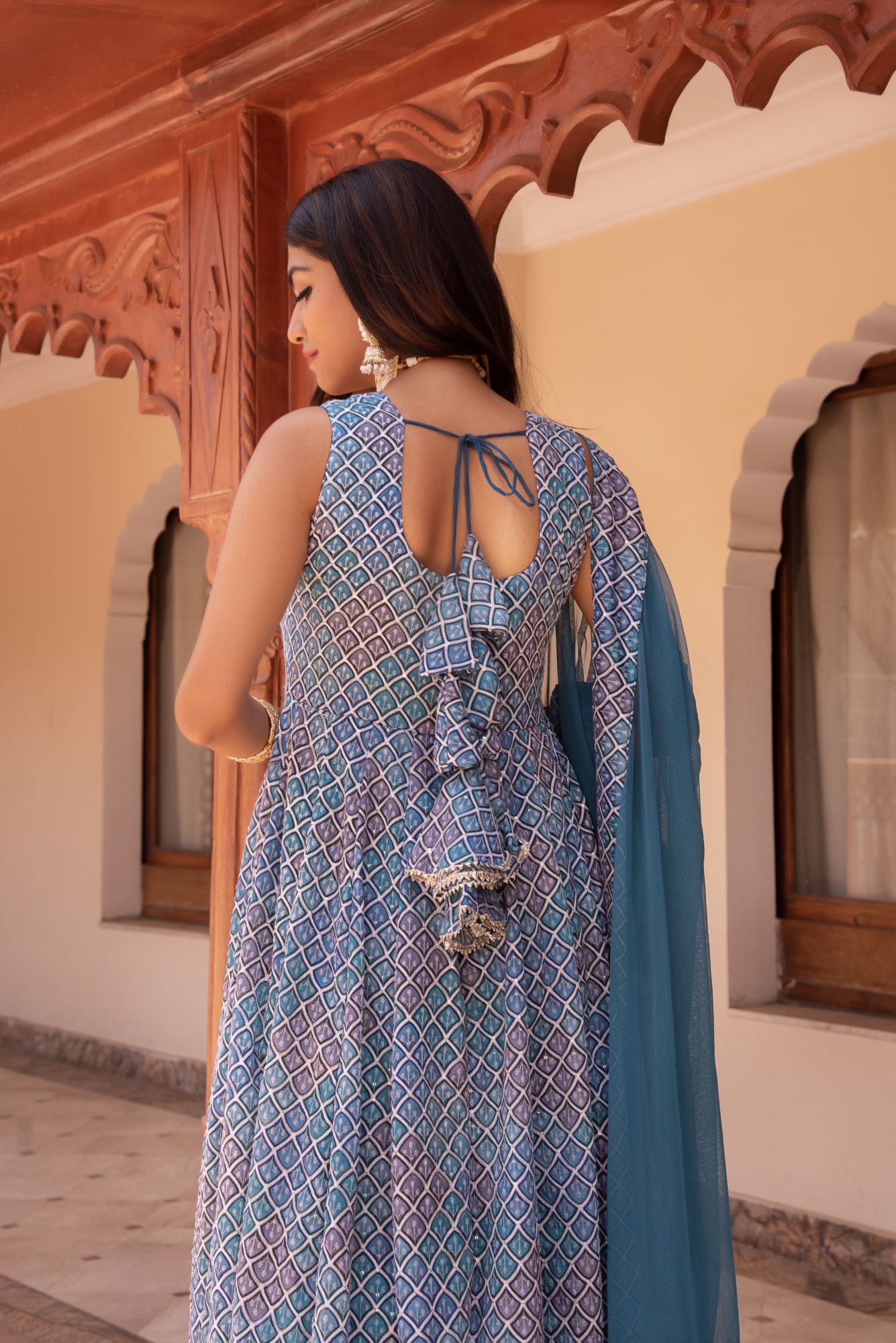 Blue and Grey Embroided Anarkali Suit Set