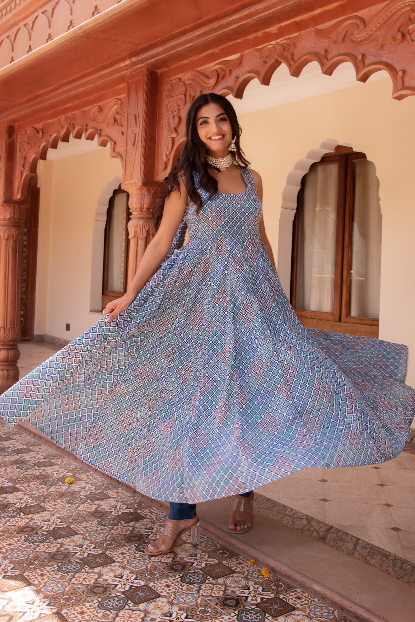 Blue and Grey Embroided Anarkali Suit Set