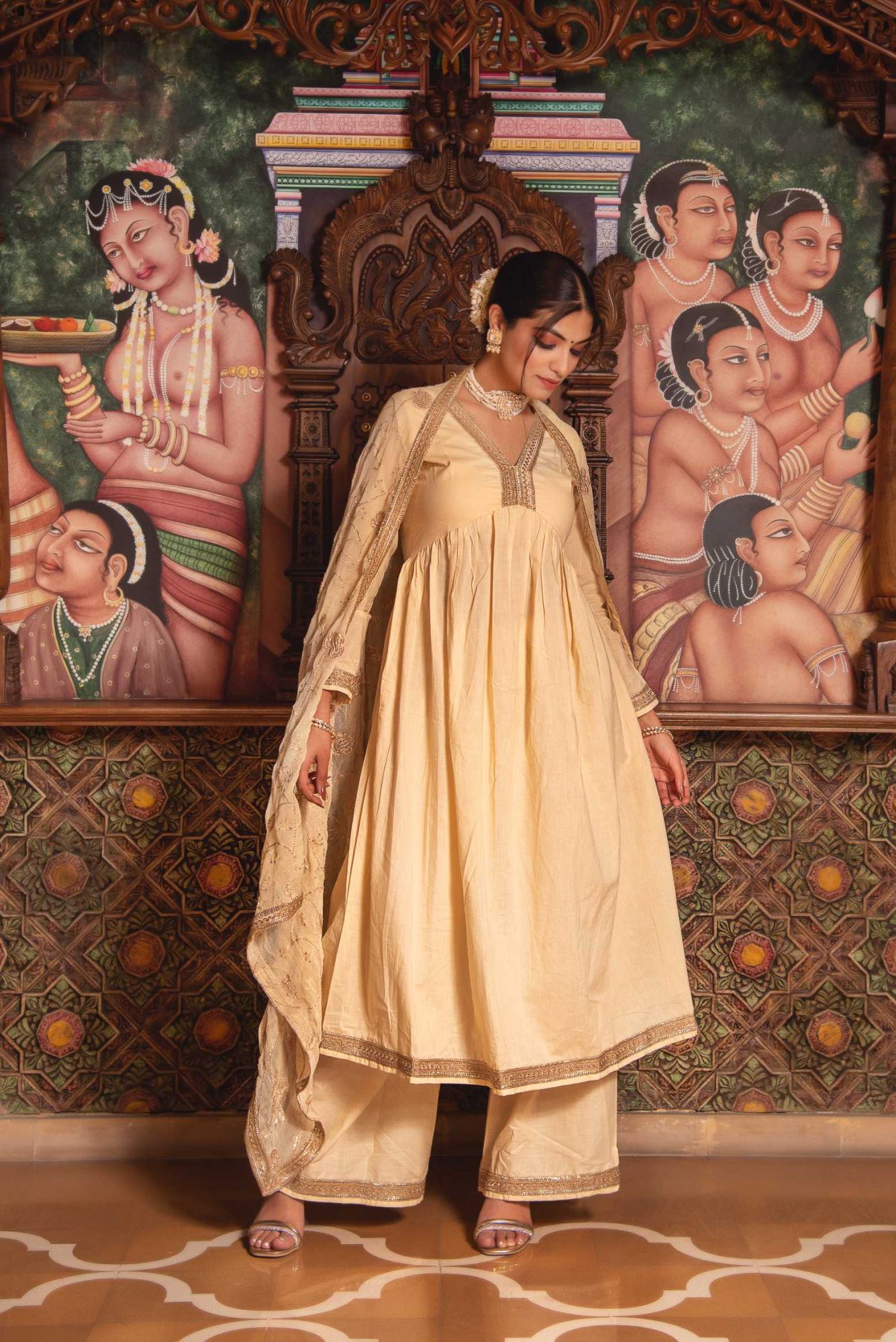 Saiba Beige Angular Gotapatti Suit Set