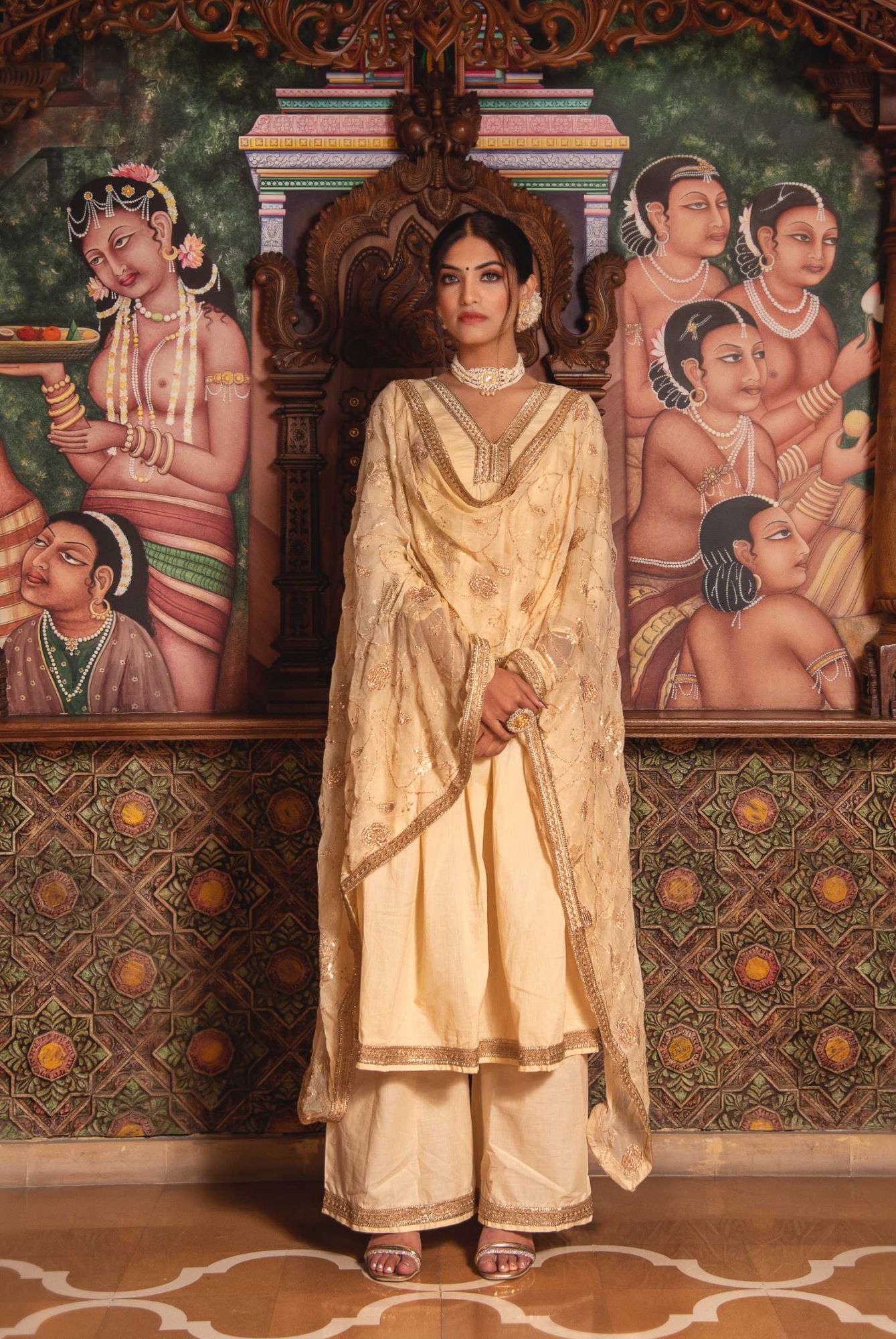 Saiba Beige Angular Gotapatti Suit Set