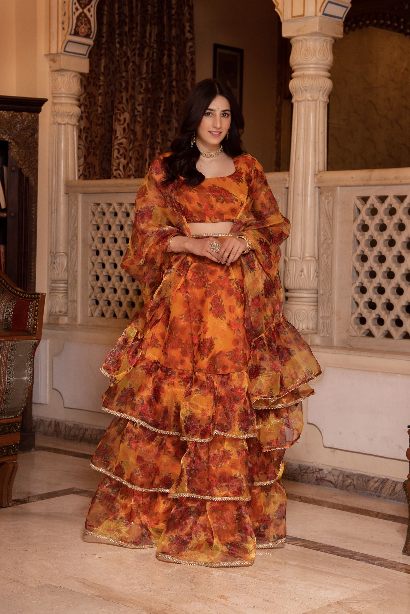 Yellow and Red Organza Lehenga Set