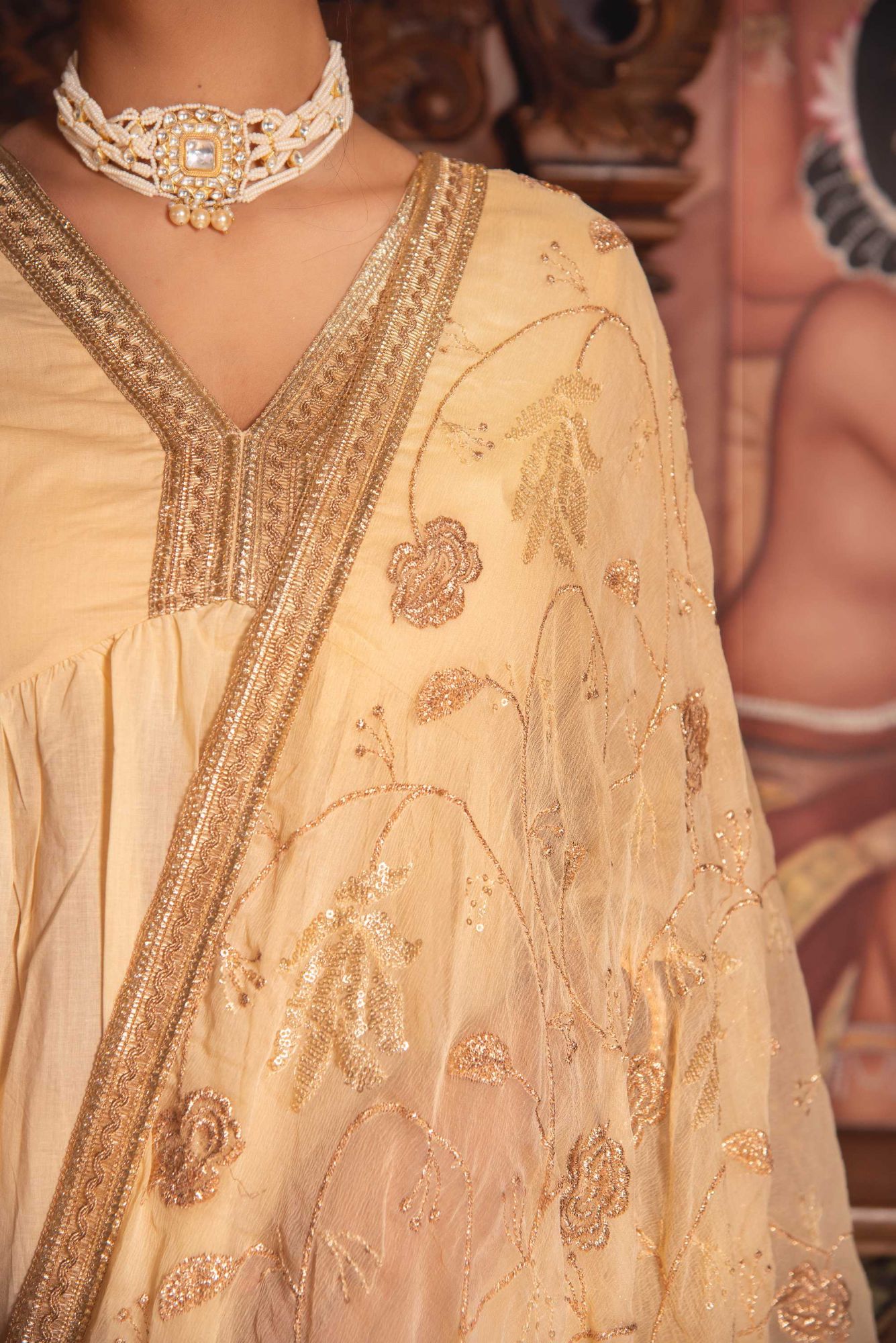 Saiba Beige Angular Gotapatti Suit Set