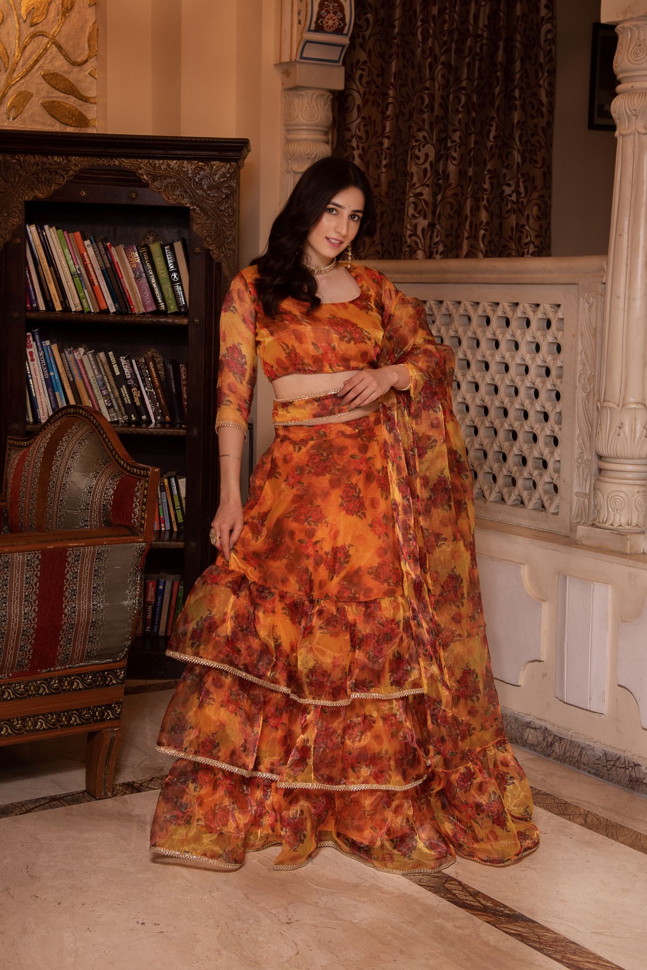 Yellow and Red Organza Lehenga Set
