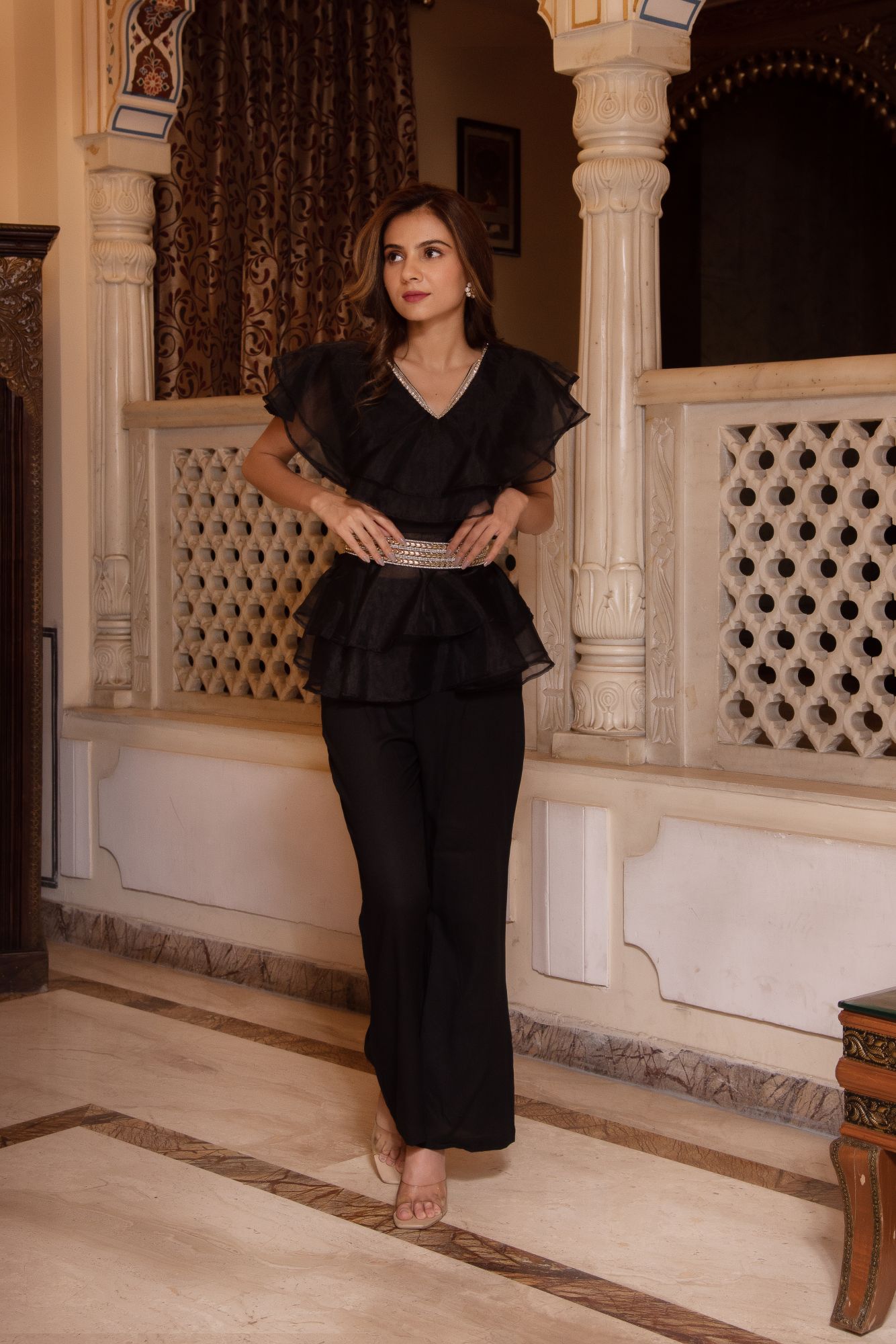 Adda Black Organza Coord Set With Embellished Belt
