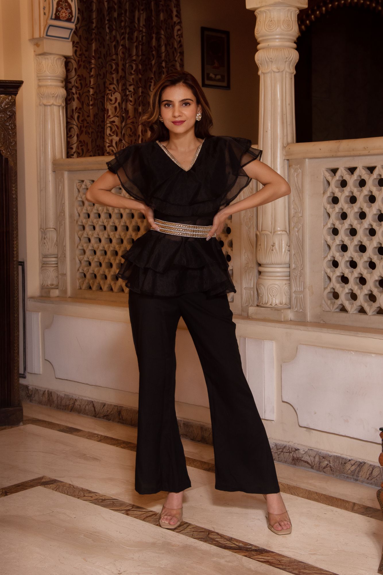 Adda Black Organza Coord Set With Embellished Belt