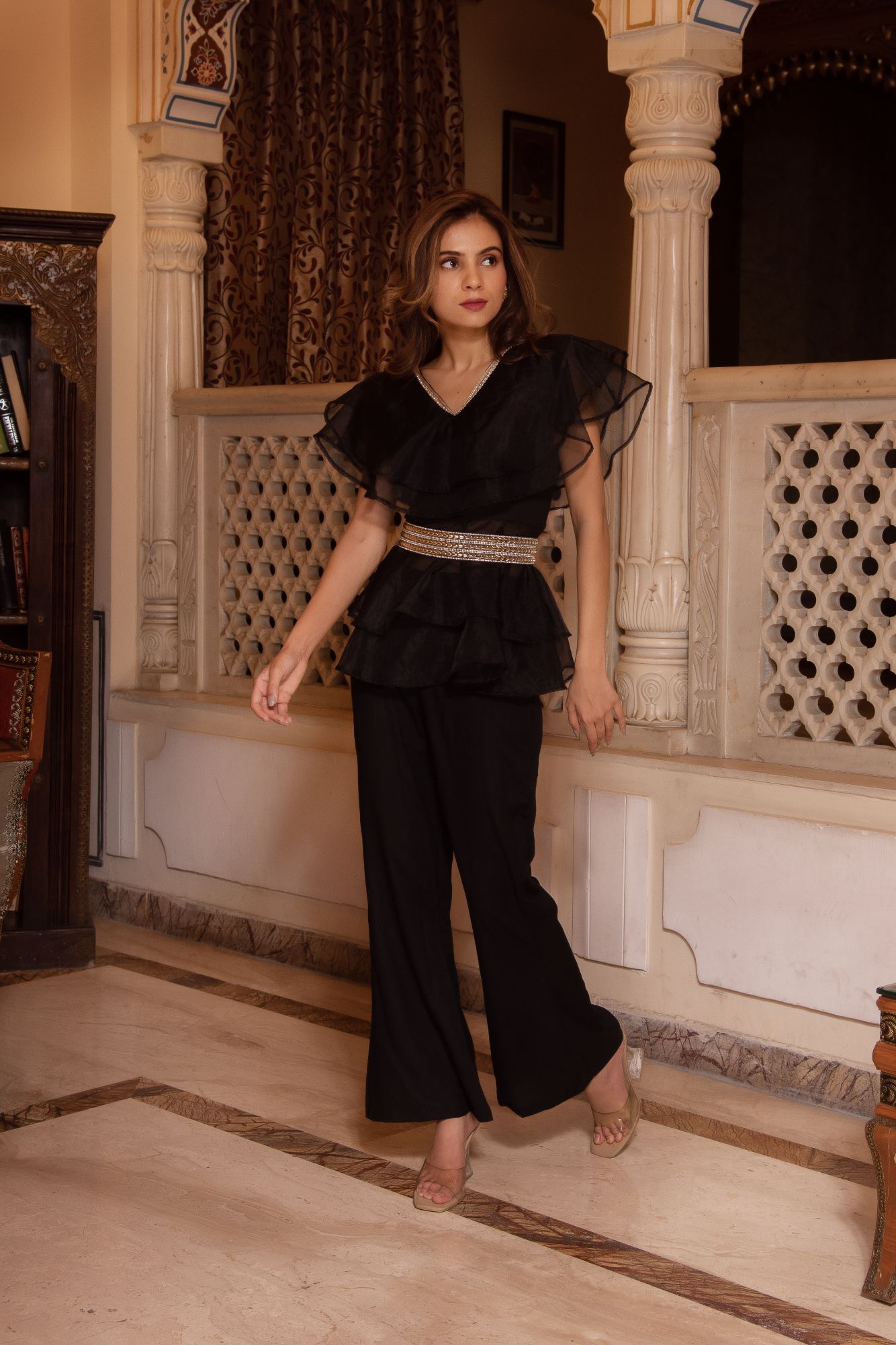 Adda Black Organza Coord Set With Embellished Belt