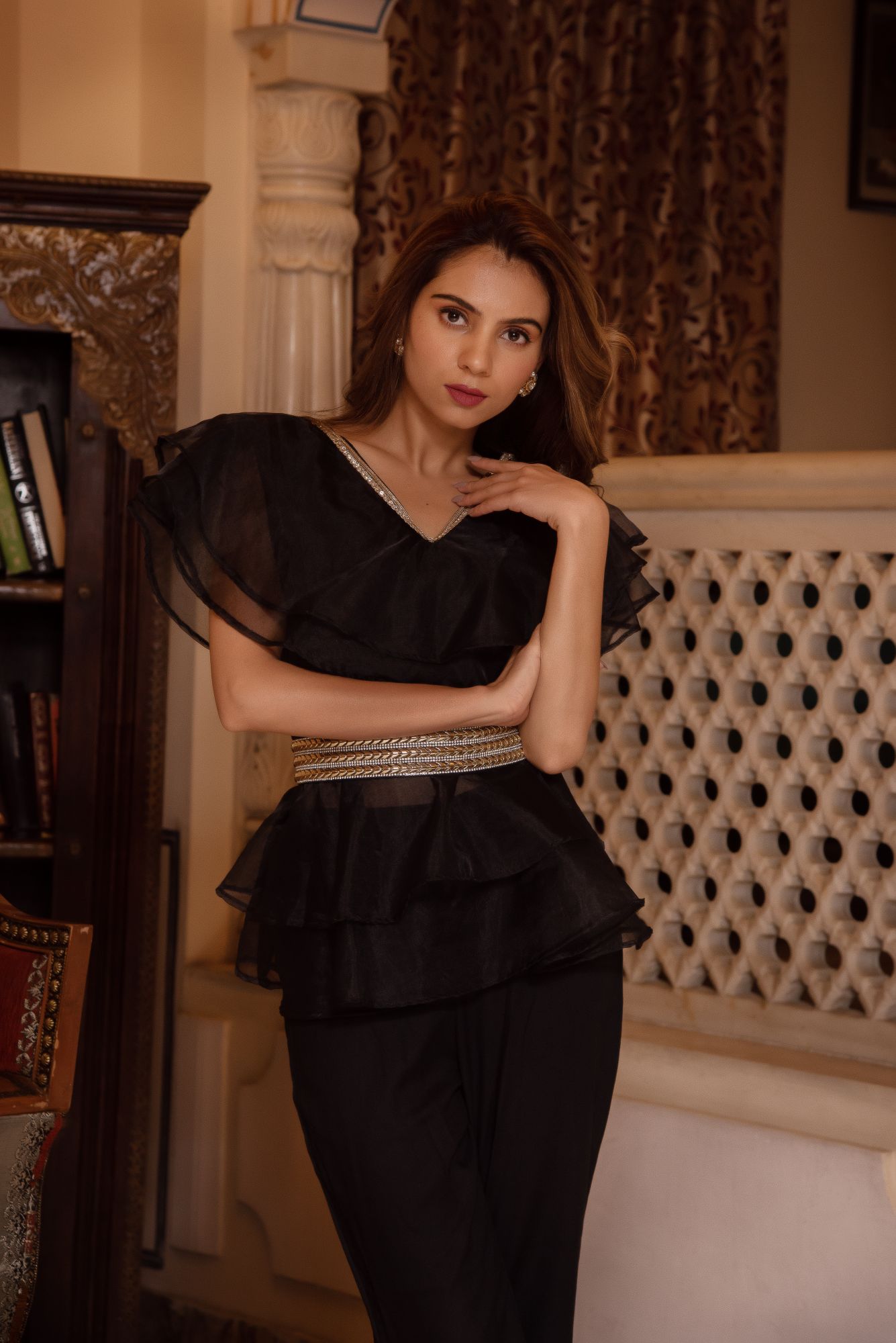 Adda Black Organza Coord Set With Embellished Belt