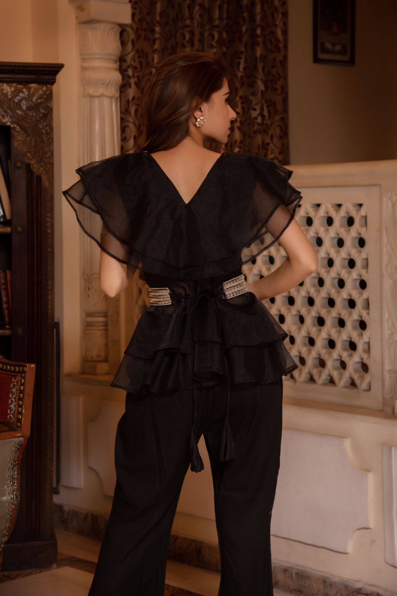 Adda Black Organza Coord Set With Embellished Belt