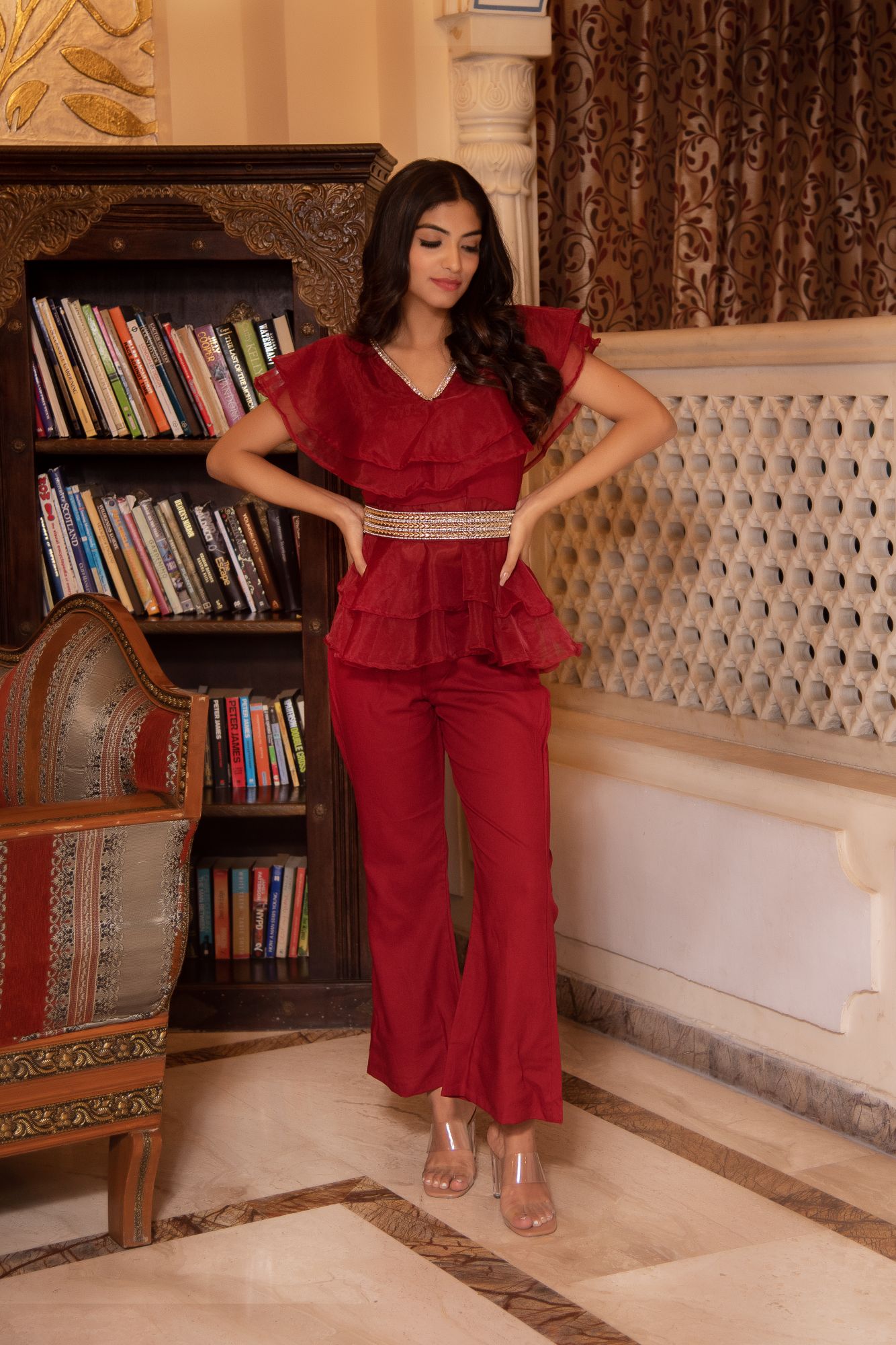 Adda Magenta Pink Organza Coord Set With Embellished Belt