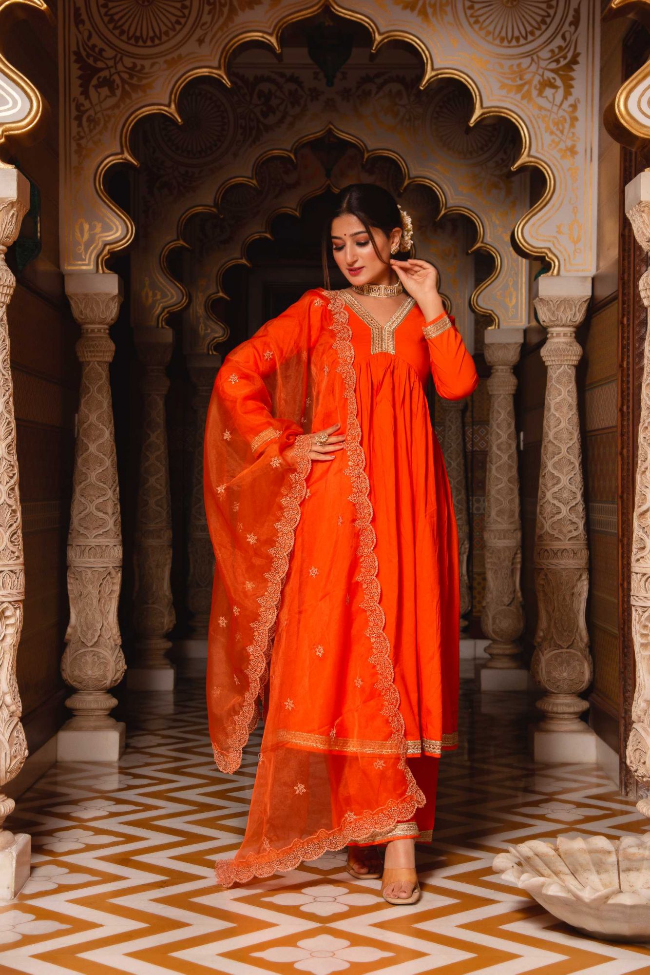 Saiba Burnt Orange Angular Gotapatti Suit Set