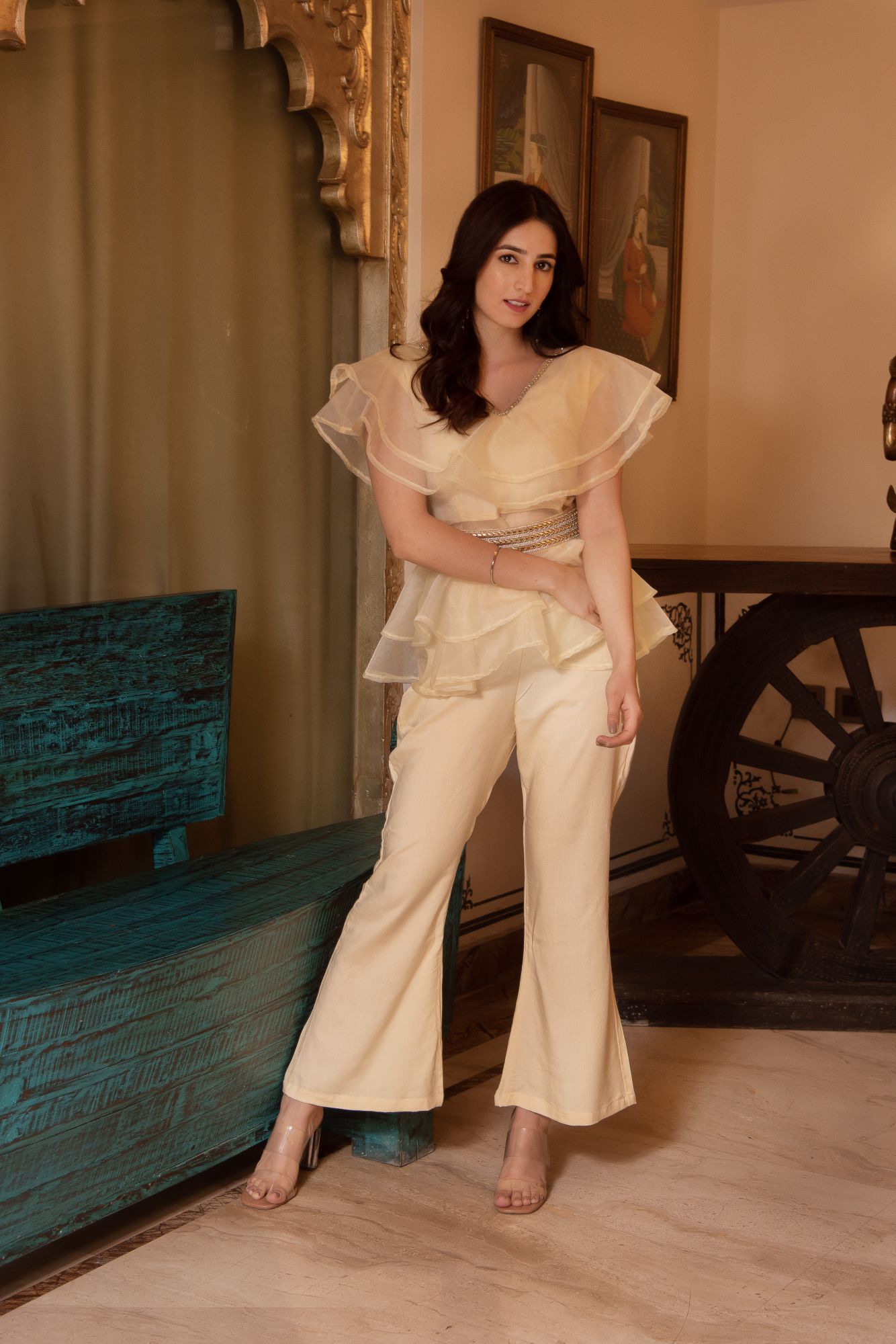 Adda Beige Organza Coord Set With Embellished Belt