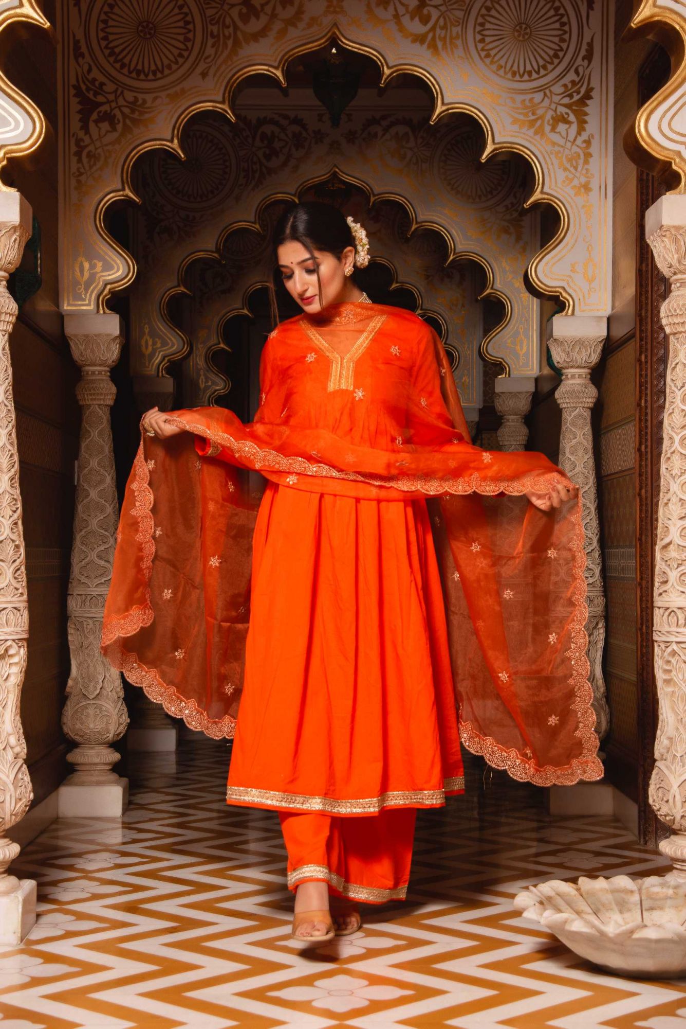 Saiba Burnt Orange Angular Gotapatti Suit Set