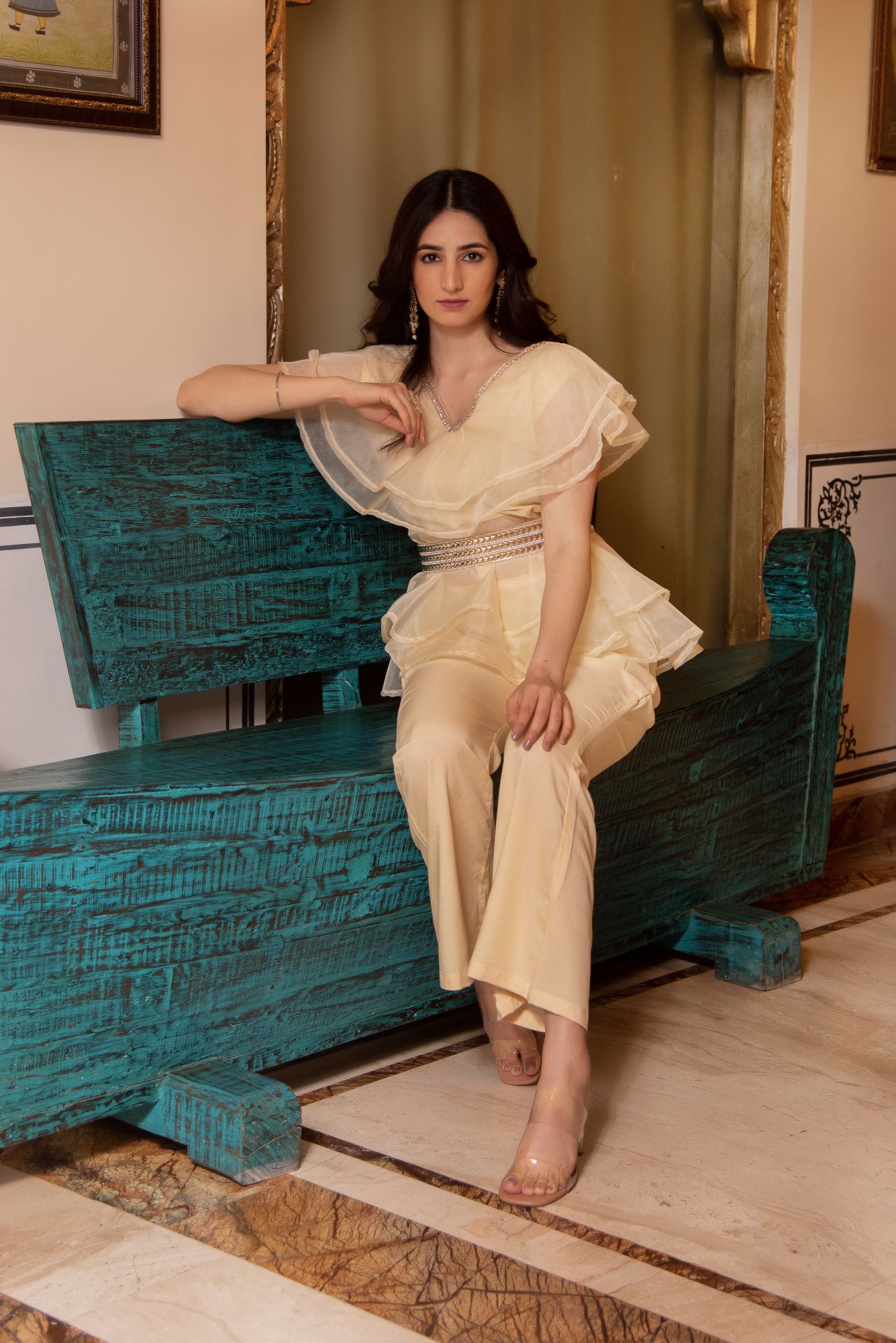 Adda Beige Organza Coord Set With Embellished Belt