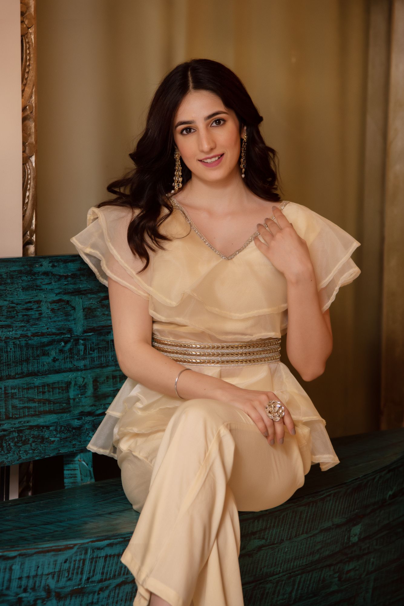 Adda Beige Organza Coord Set With Embellished Belt