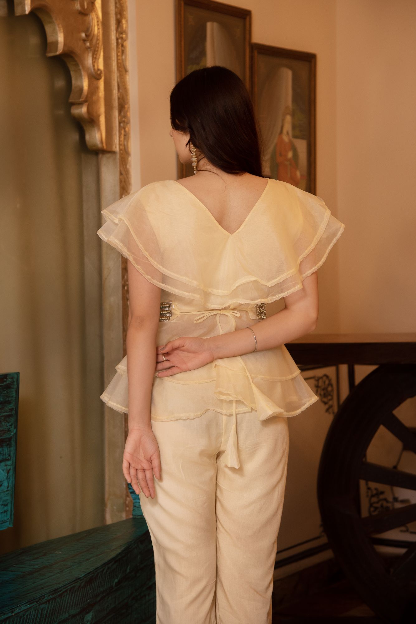 Adda Beige Organza Coord Set With Embellished Belt