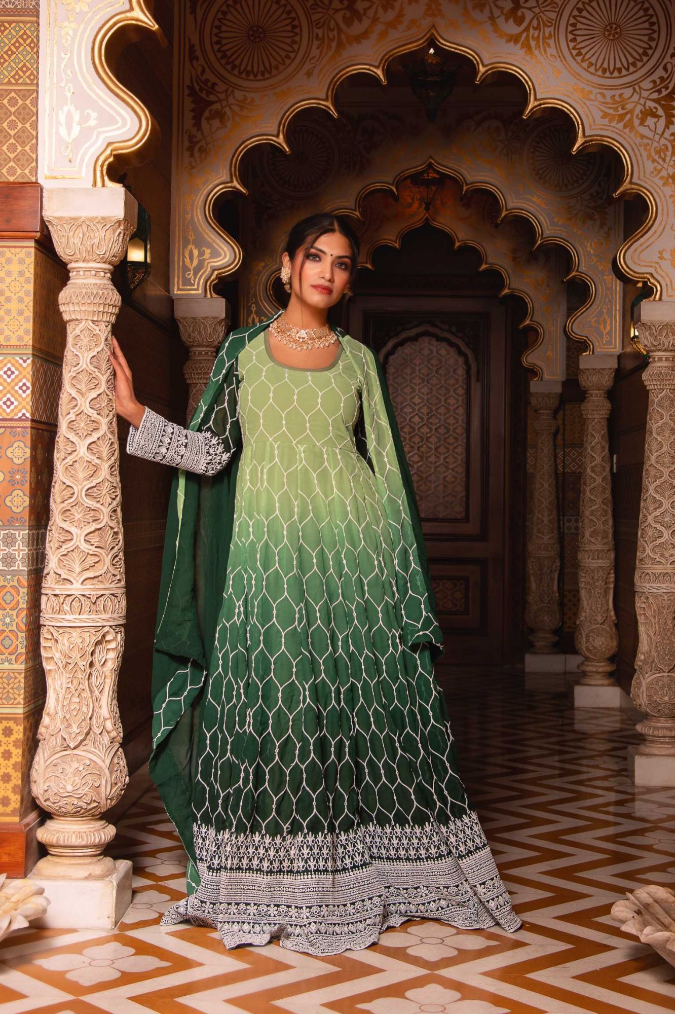 Ombre Vintage Green Embroided Anarkali Suit Set