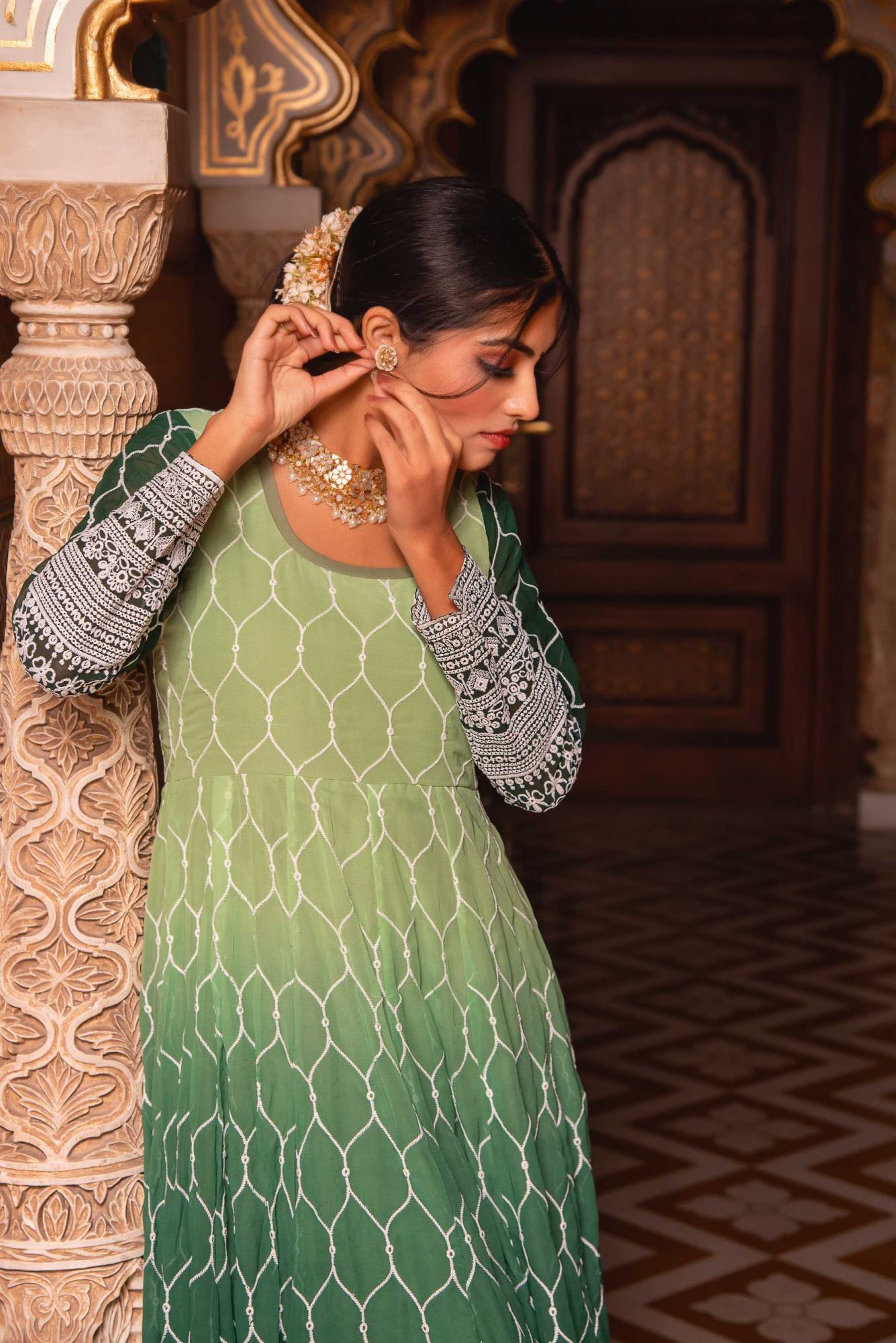 Ombre Vintage Green Embroided Anarkali Suit Set