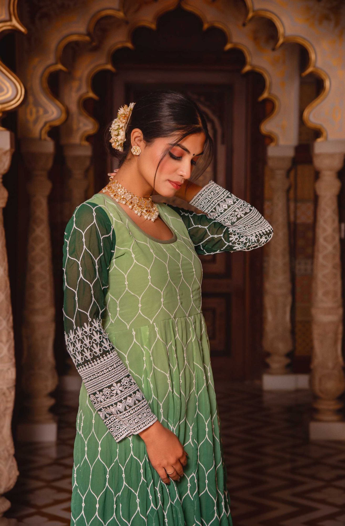Ombre Vintage Green Embroided Anarkali Suit Set