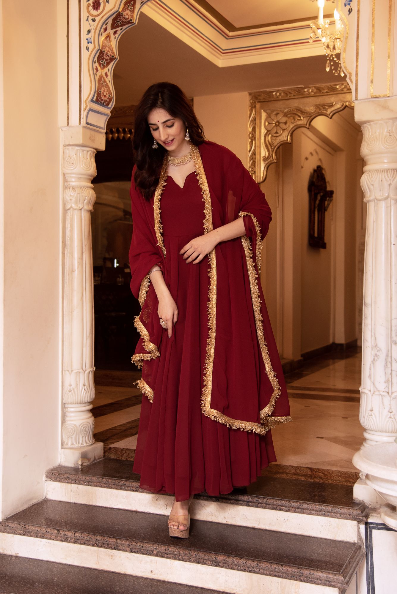 Red Mughal Sitara Georgette Anarkali Suit Set