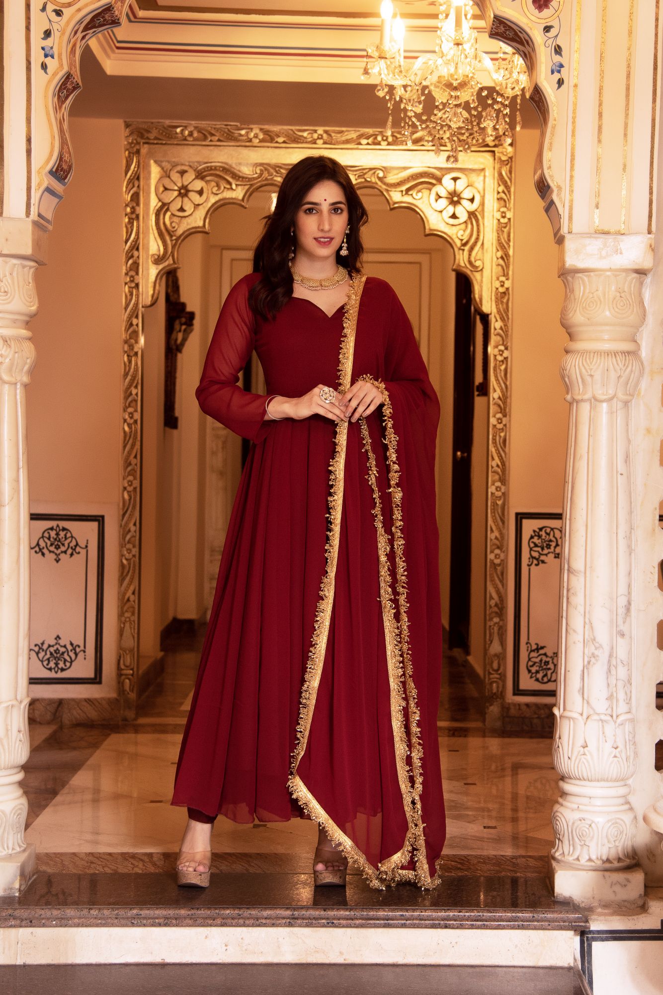 Red Mughal Sitara Georgette Anarkali Suit Set