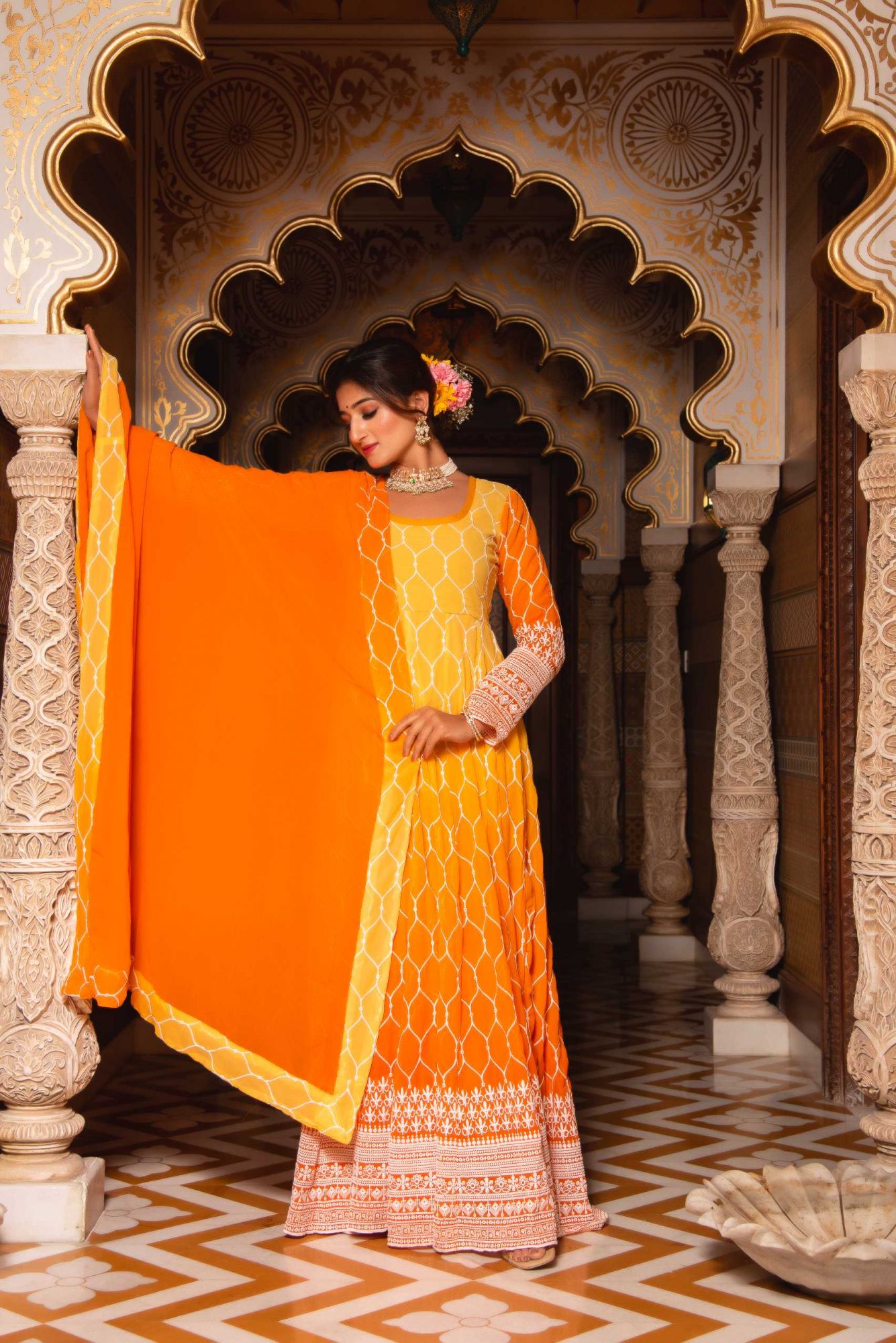 Ombre Lemon Orange Embroided Anarkali Suit Set