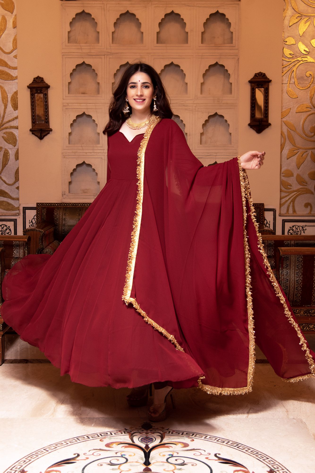 Red Mughal Sitara Georgette Anarkali Suit Set