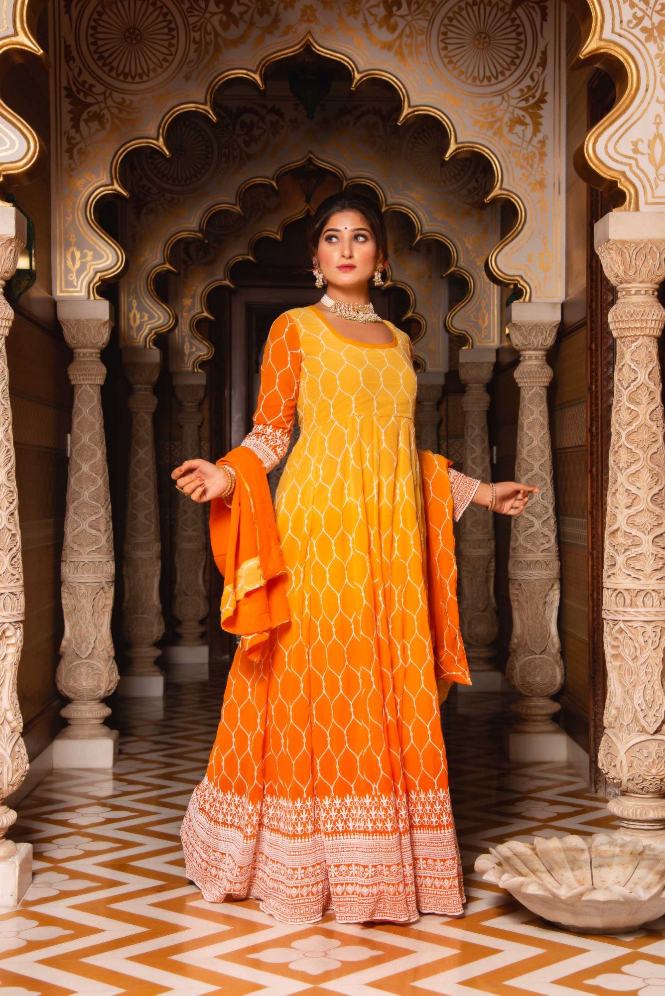 Ombre Lemon Orange Embroided Anarkali Suit Set