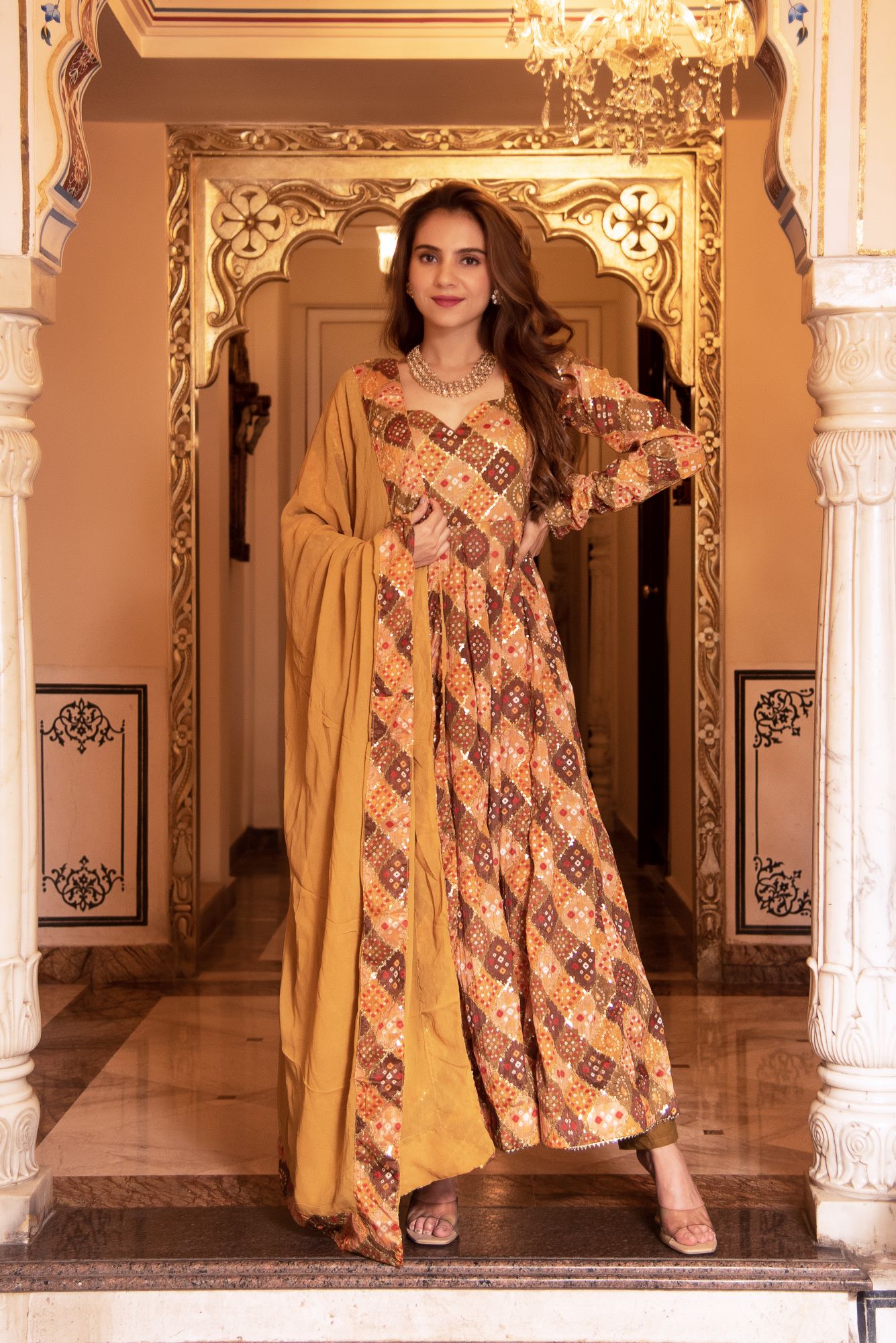 Naaz Sequin Mustard Anarkali Suit Set