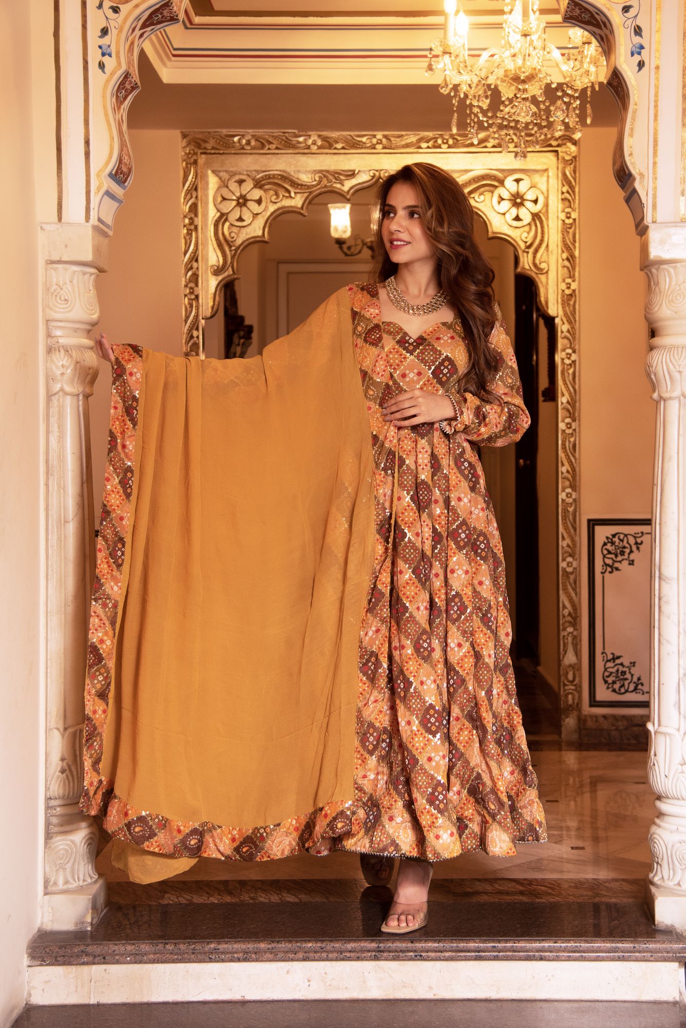 Naaz Sequin Mustard Anarkali Suit Set