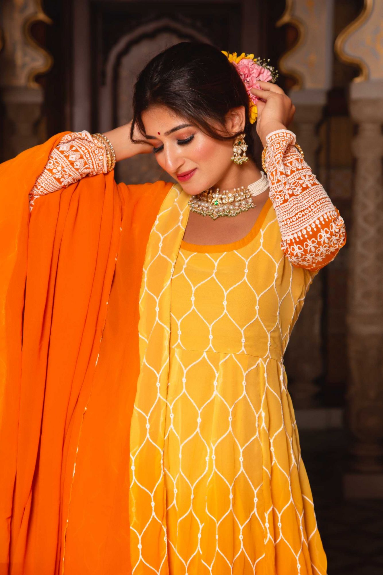 Ombre Lemon Orange Embroided Anarkali Suit Set