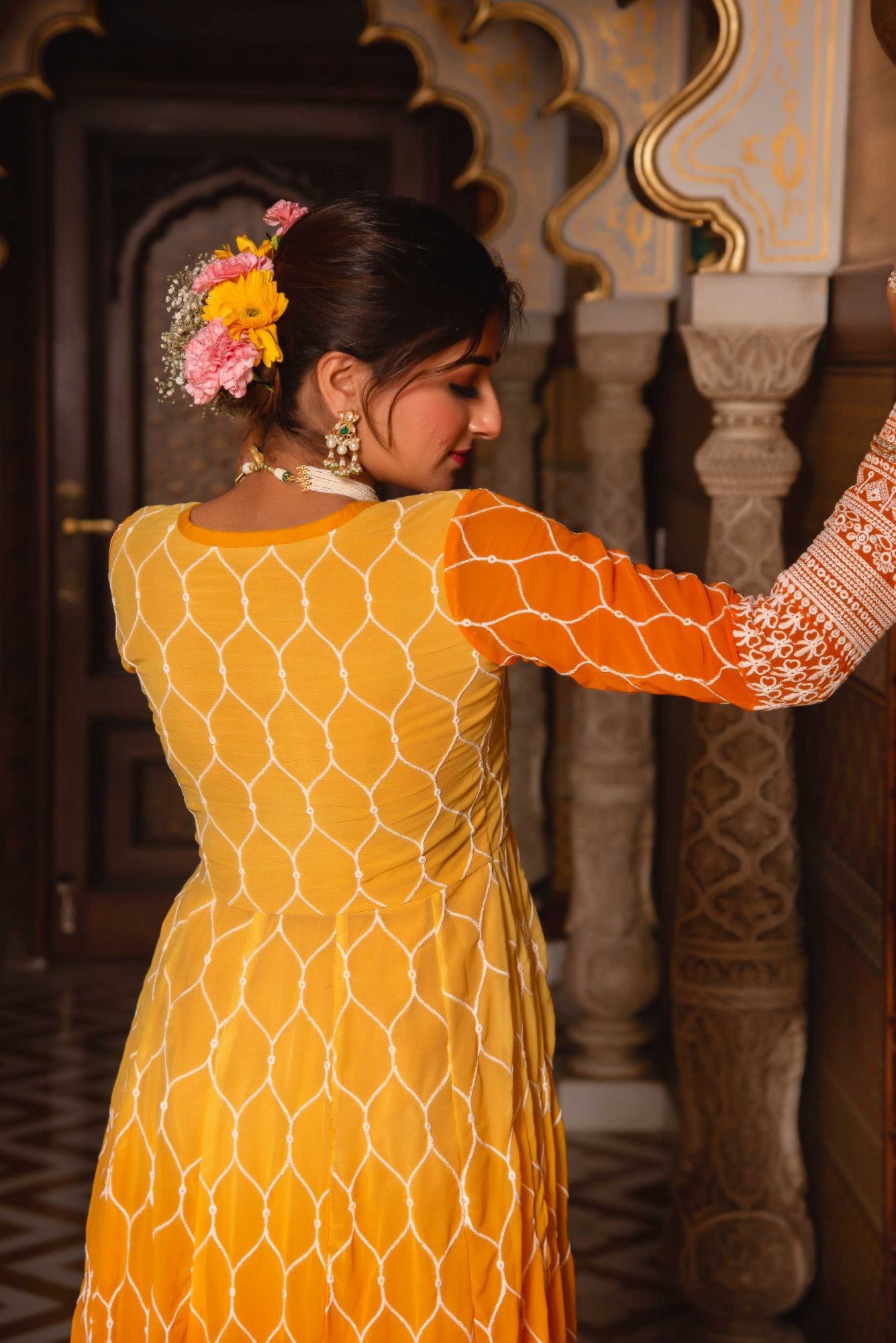 Ombre Lemon Orange Embroided Anarkali Suit Set