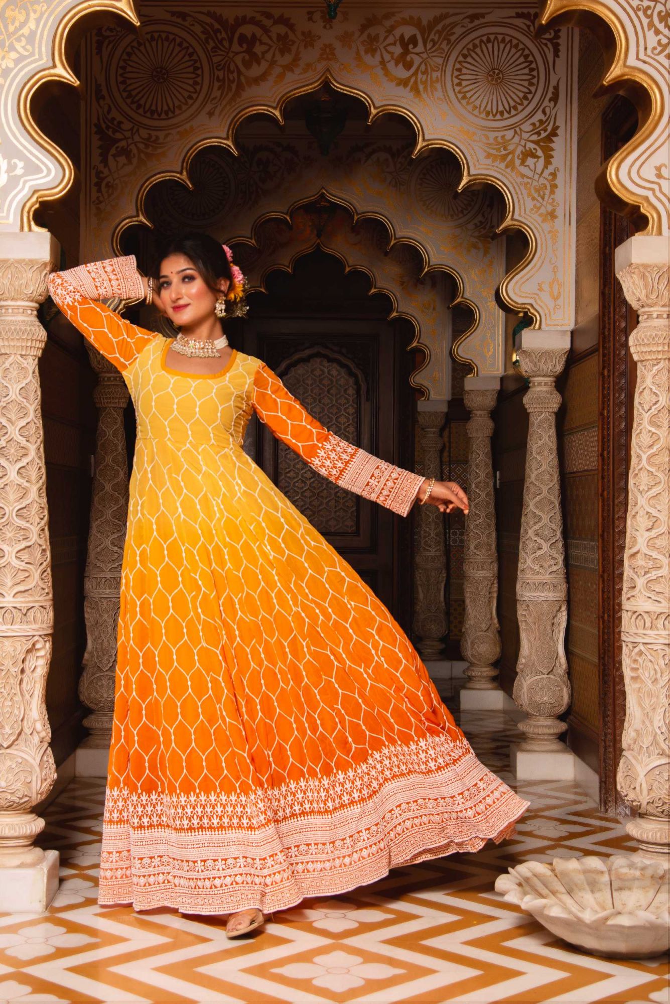 Ombre Lemon Orange Embroided Anarkali Suit Set